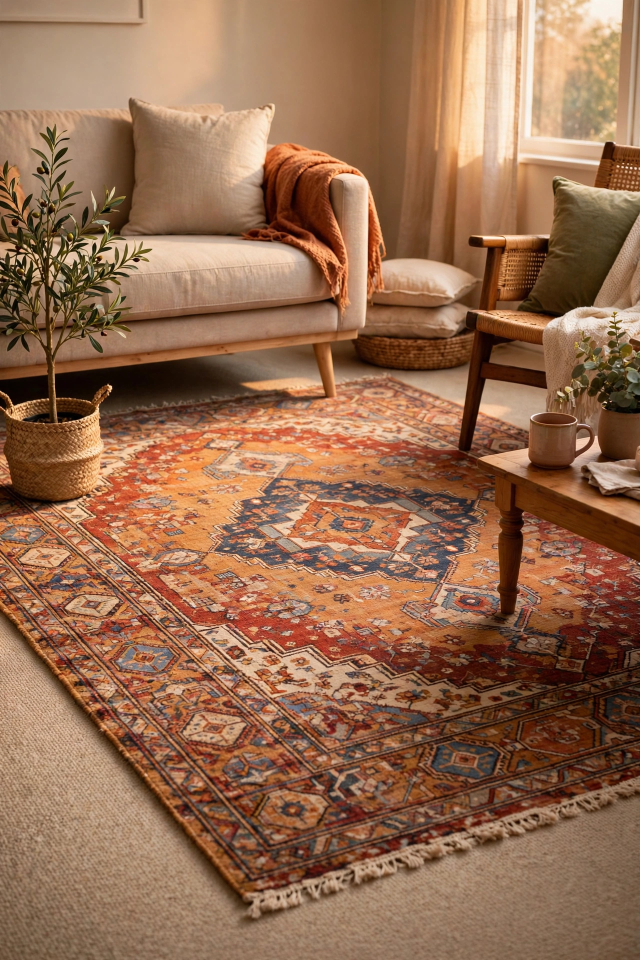 Large patterned rug laid over plain rental carpet in a living room
