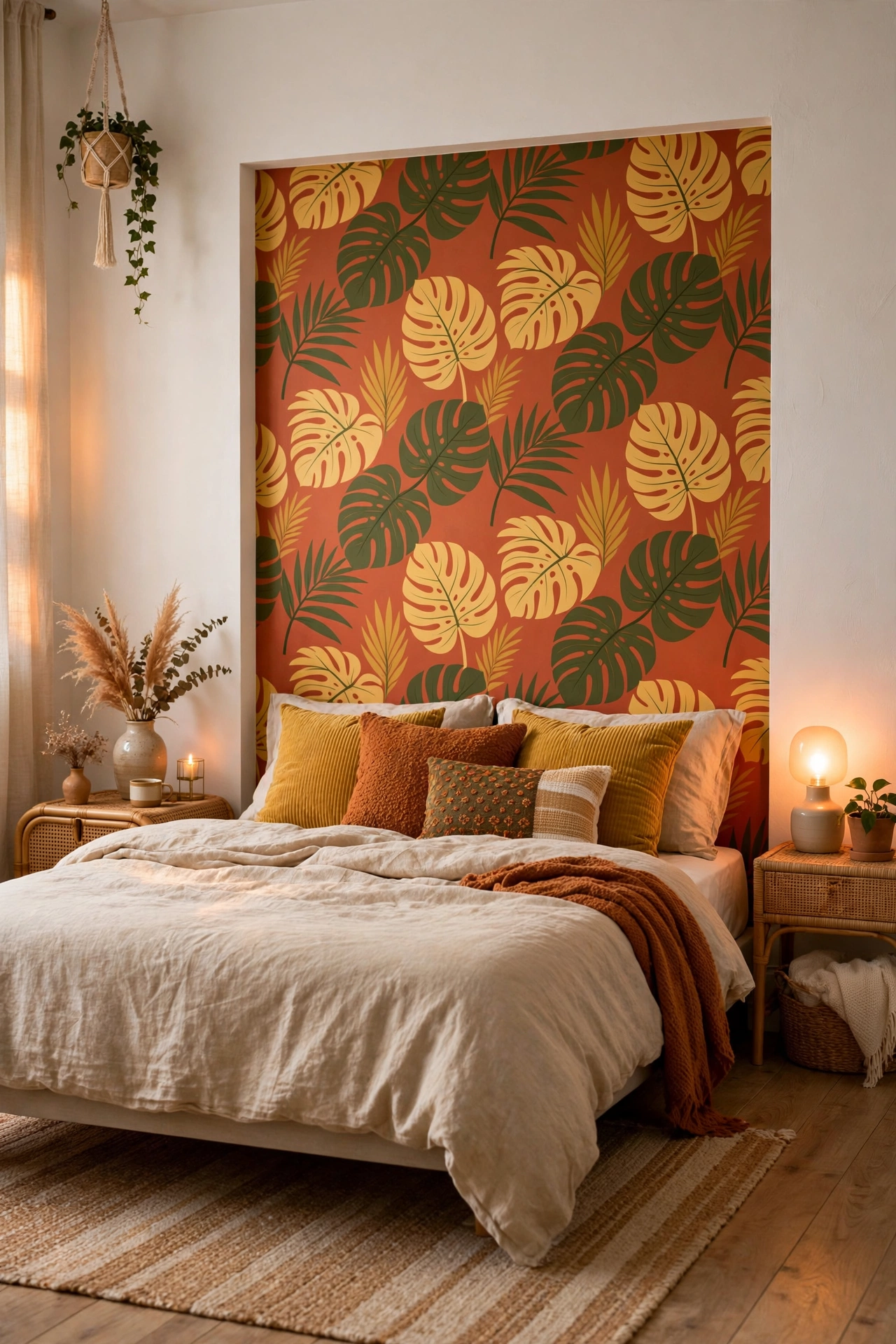 Bold peel-and-stick wallpaper panel behind a bed acting as a headboard