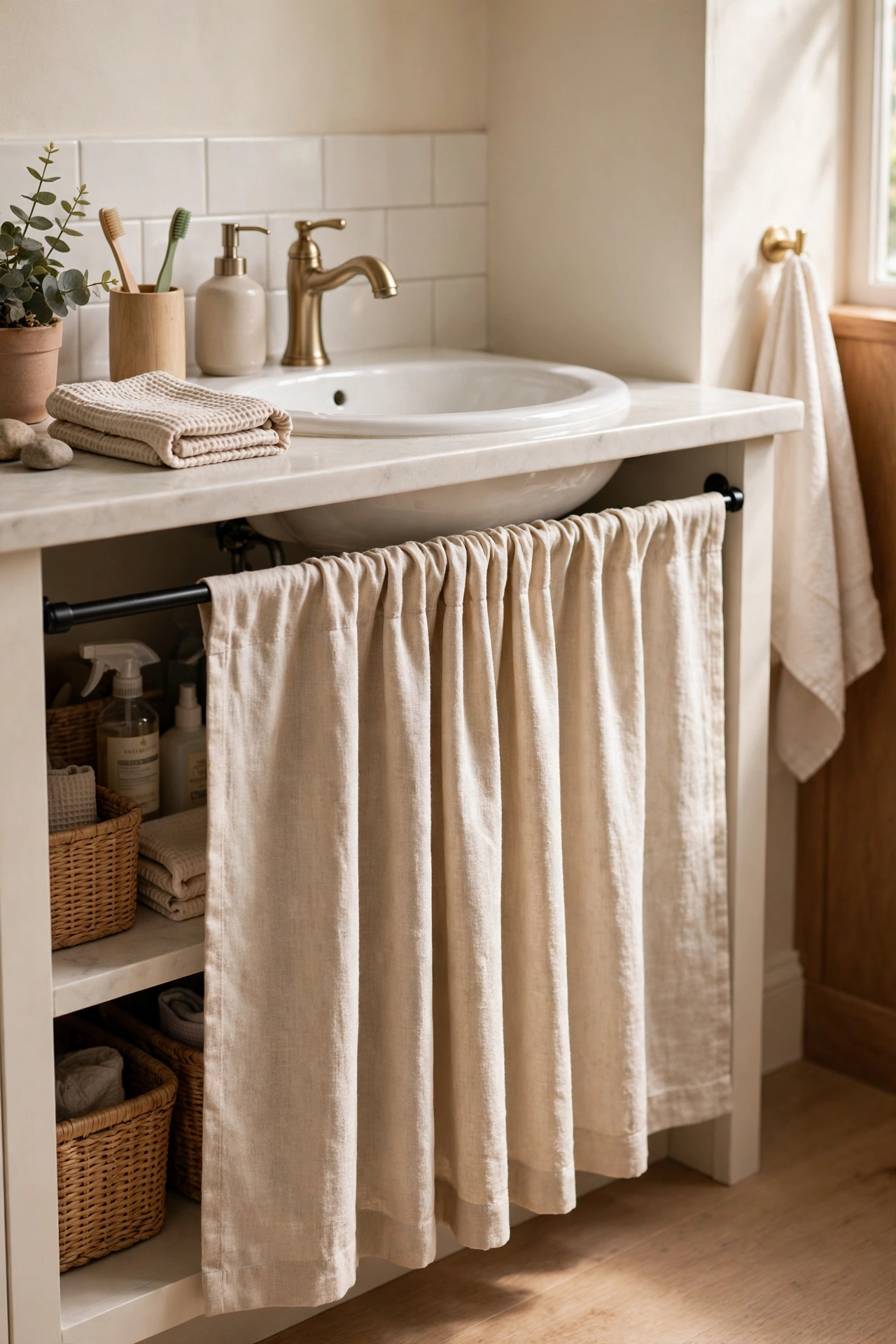 Cafe curtain on a tension rod hiding under-sink storage