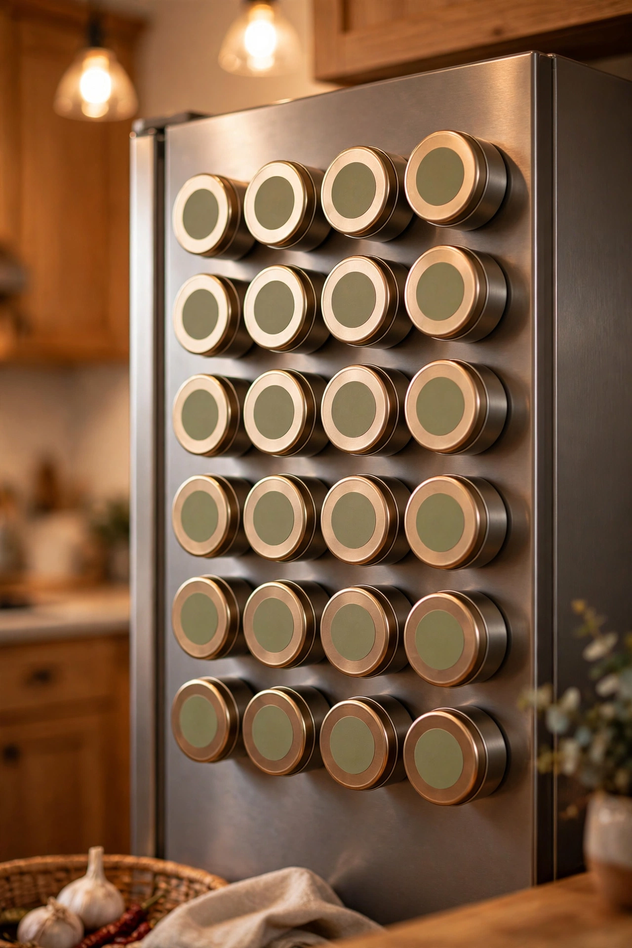 Magnetic spice tins arranged in a grid on the side of a fridge