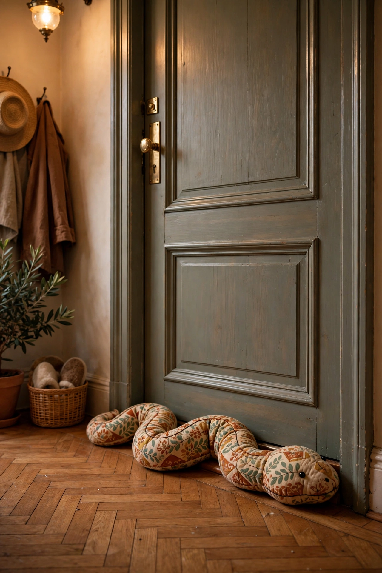 Fabric draft excluder snake along the bottom of a front door