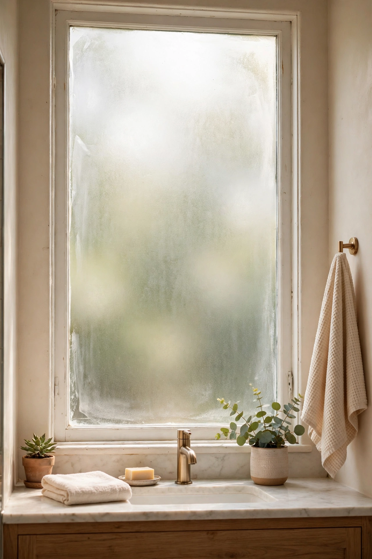 Frosted static-cling privacy film on a bathroom window
