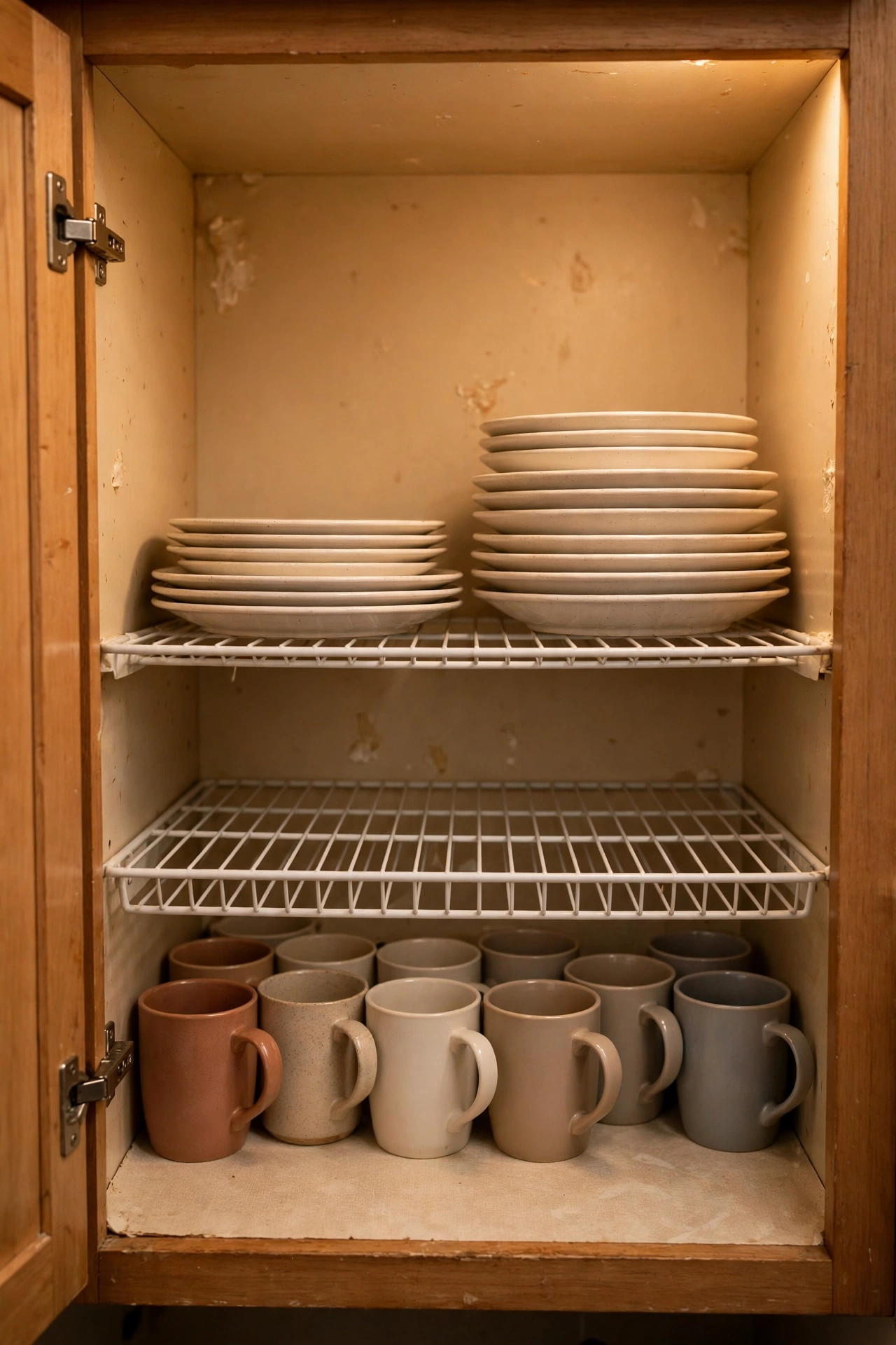 Wire shelf risers doubling cupboard space in a rental kitchen