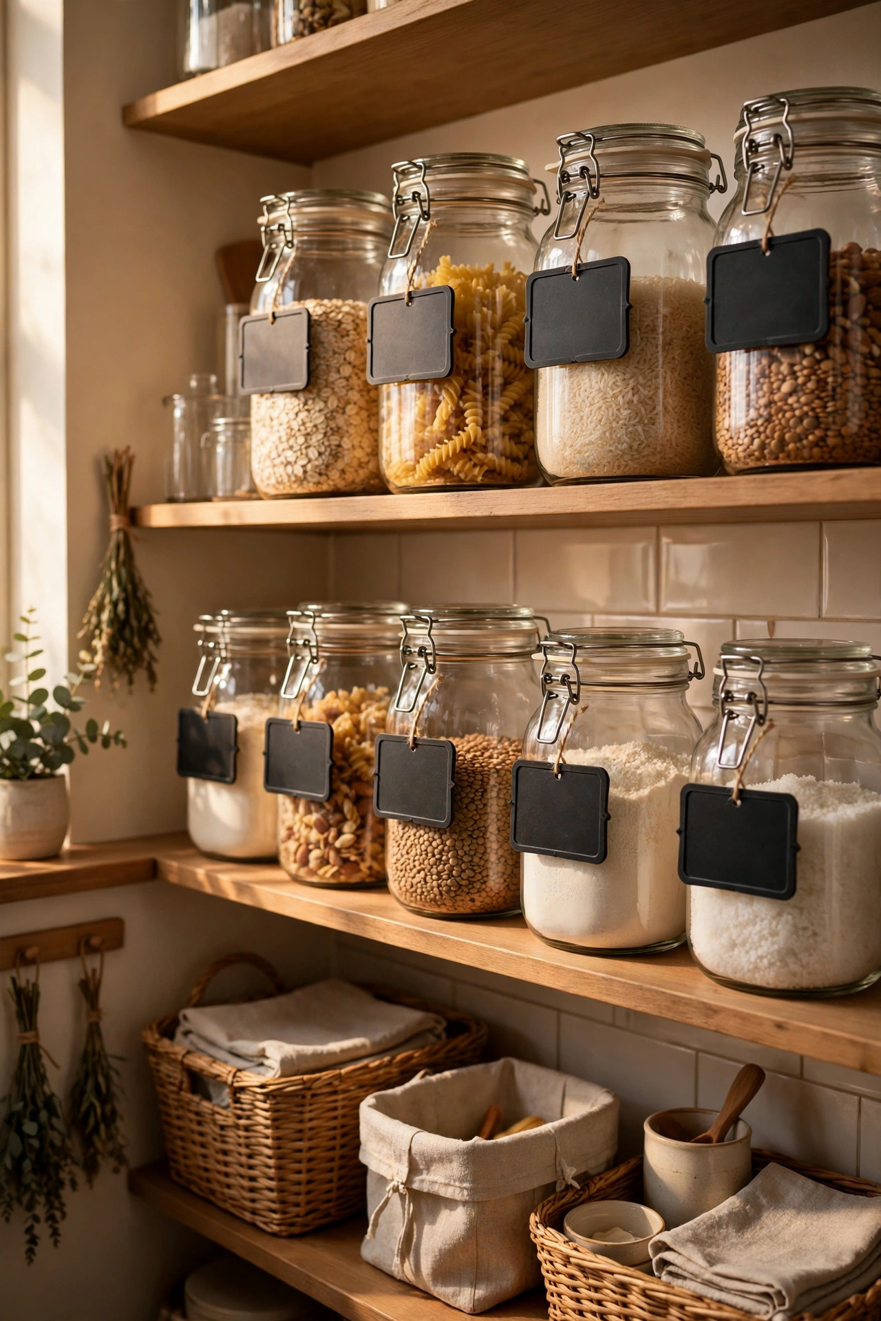 Glass jars with chalkboard labels in an organised rental kitchen