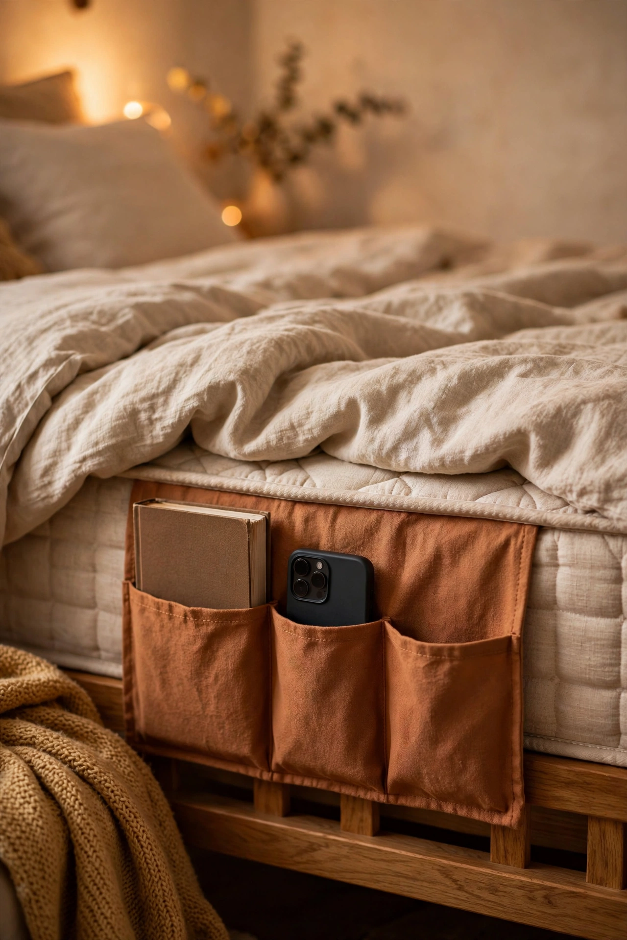Fabric bedside caddy with pockets slipped between mattress and frame