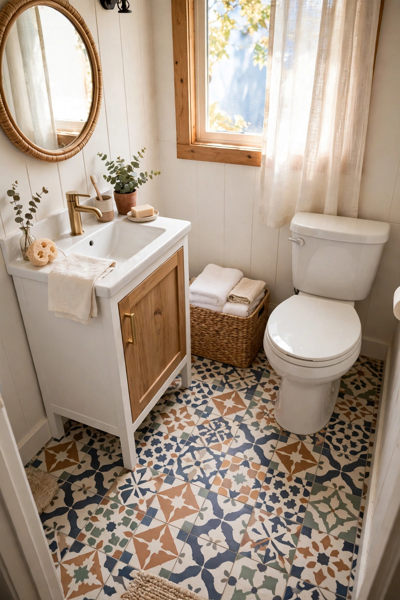 Peel-and-stick encaustic-look floor tiles in a small bathroom