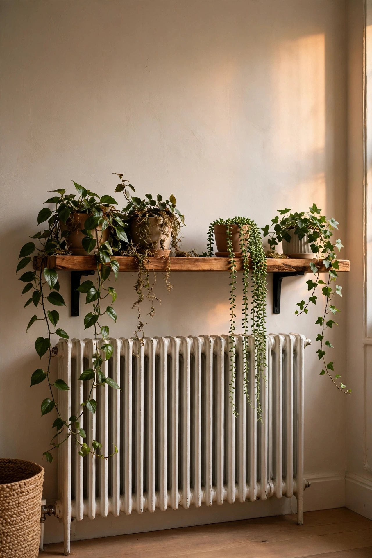 Wooden board shelf over a radiator holding trailing plants