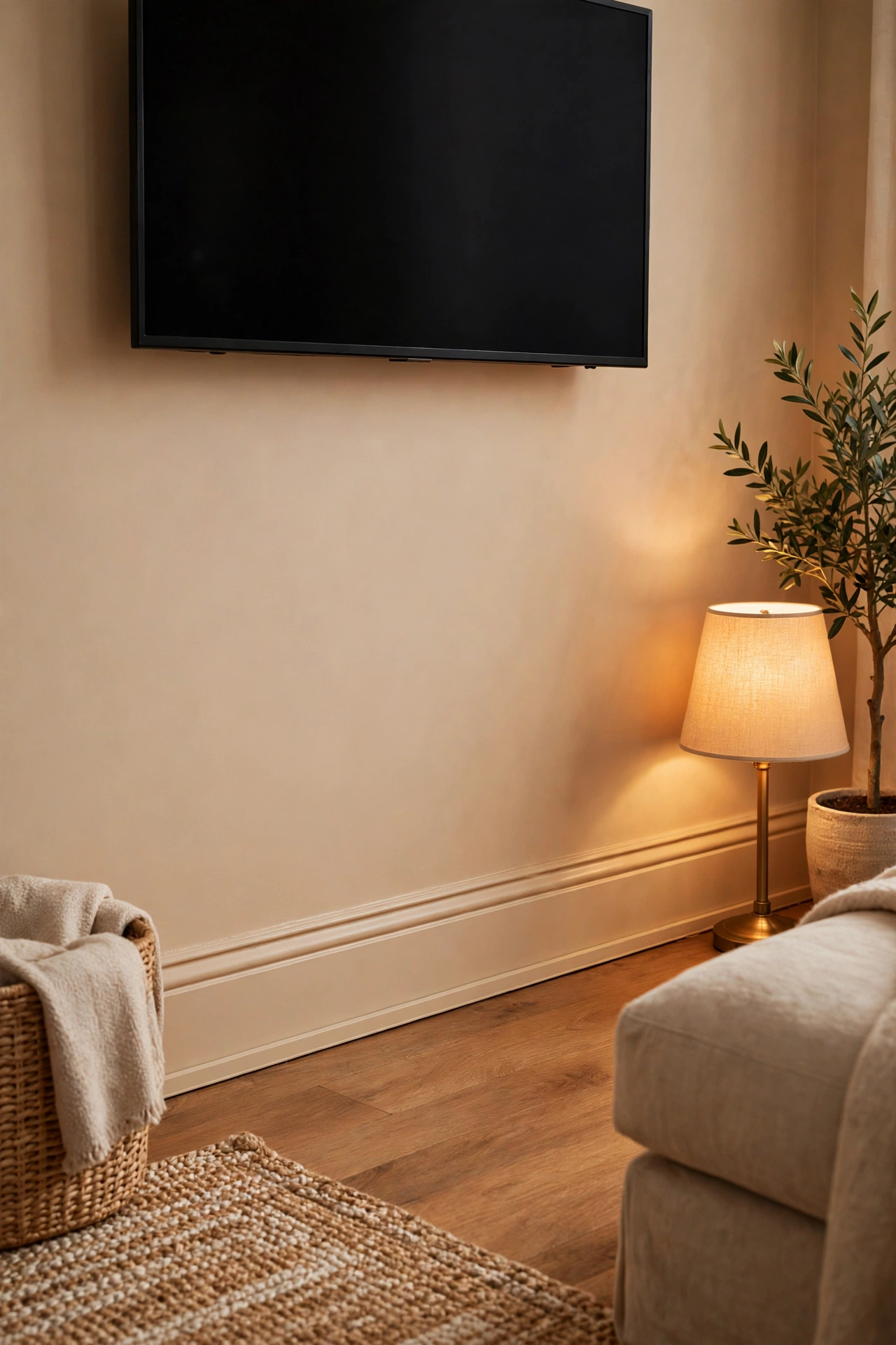 Paintable cord covers hiding cables along a skirting board