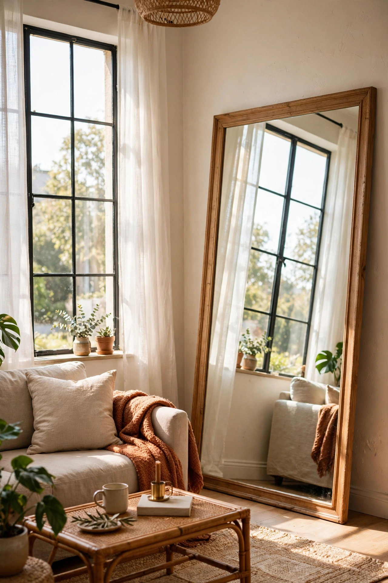 Large leaning mirror opposite a window doubling daylight in a living room