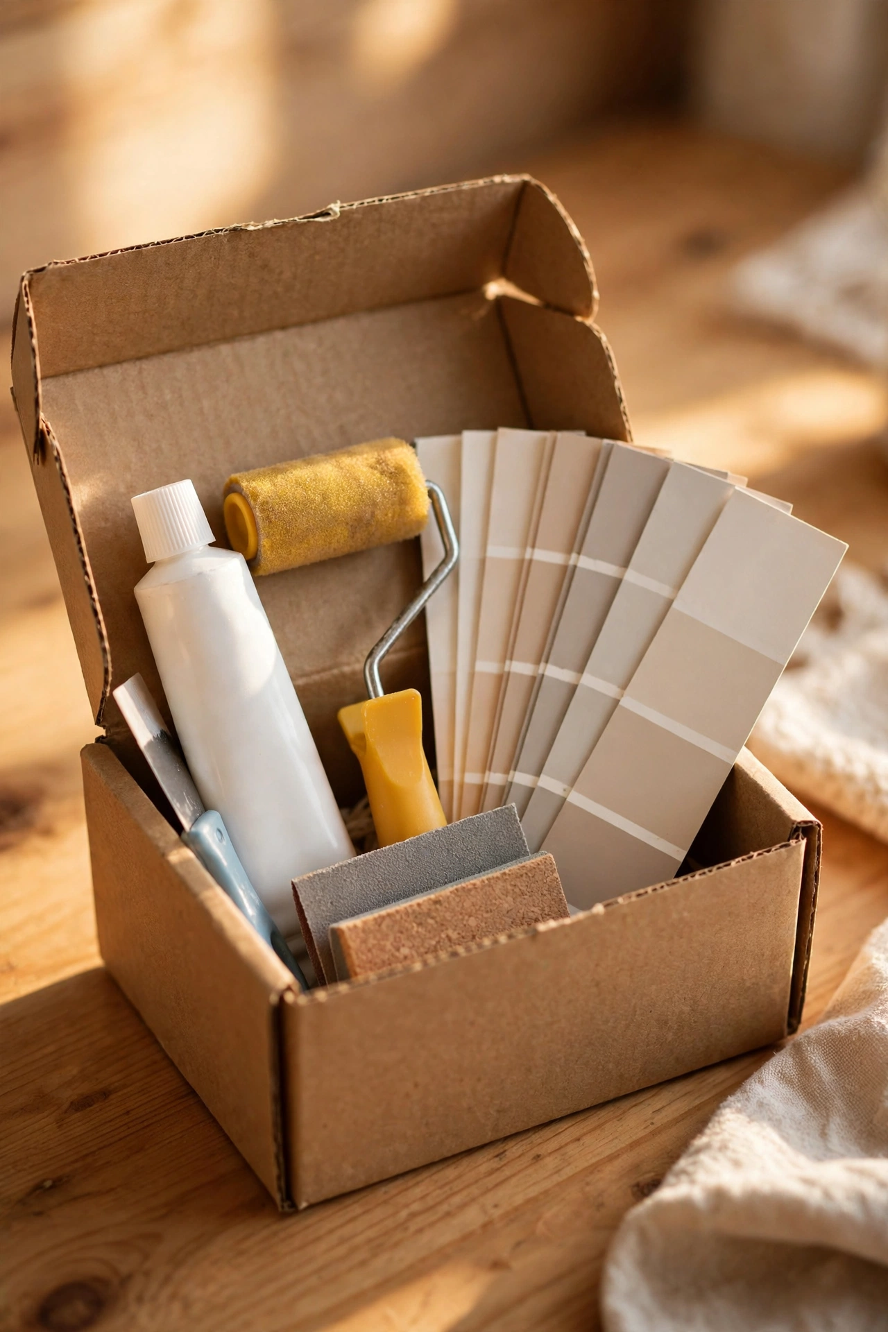 Small move-out touch-up kit box with filler and paint roller