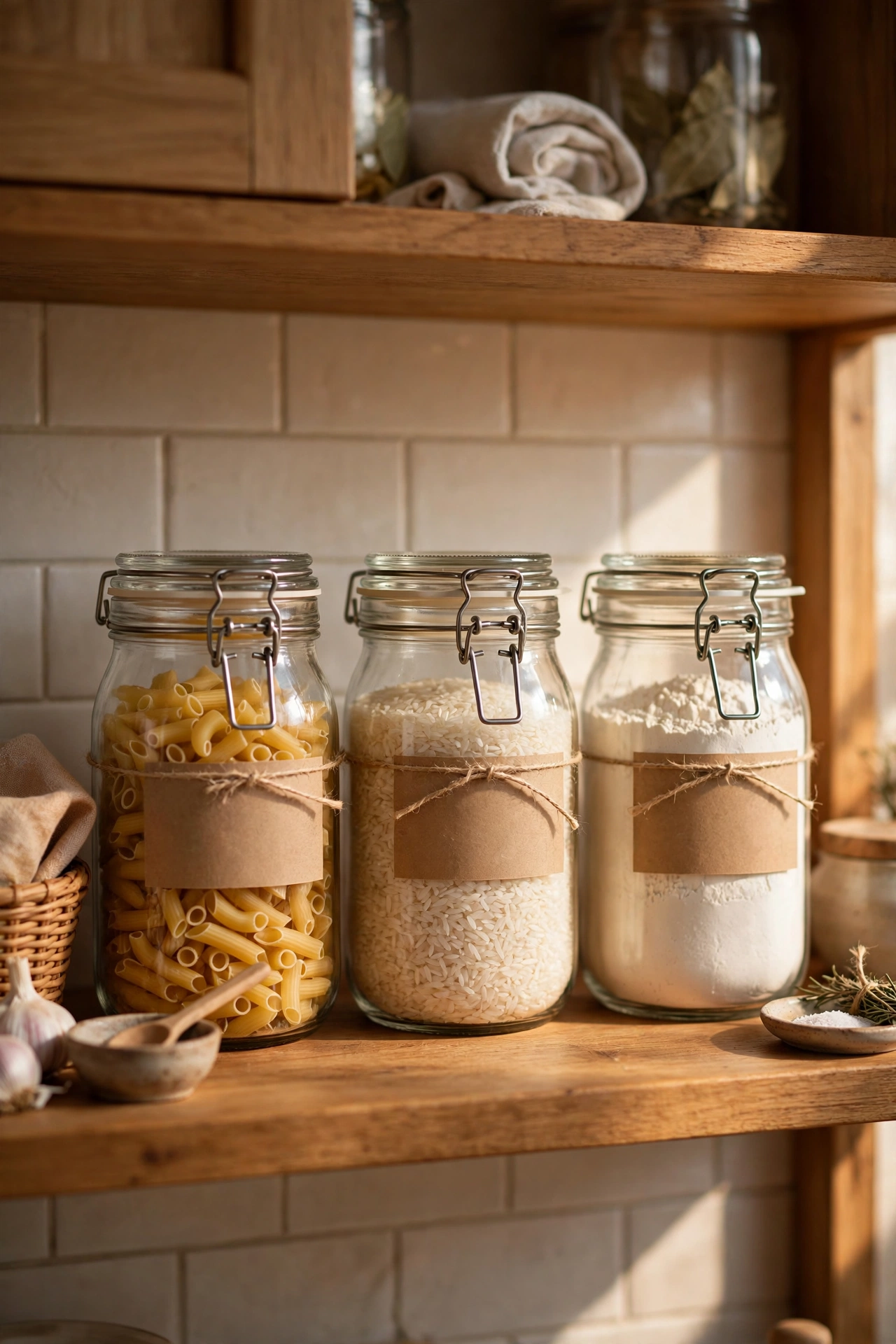 Matching glass storage jars with labels on an open kitchen shelf
