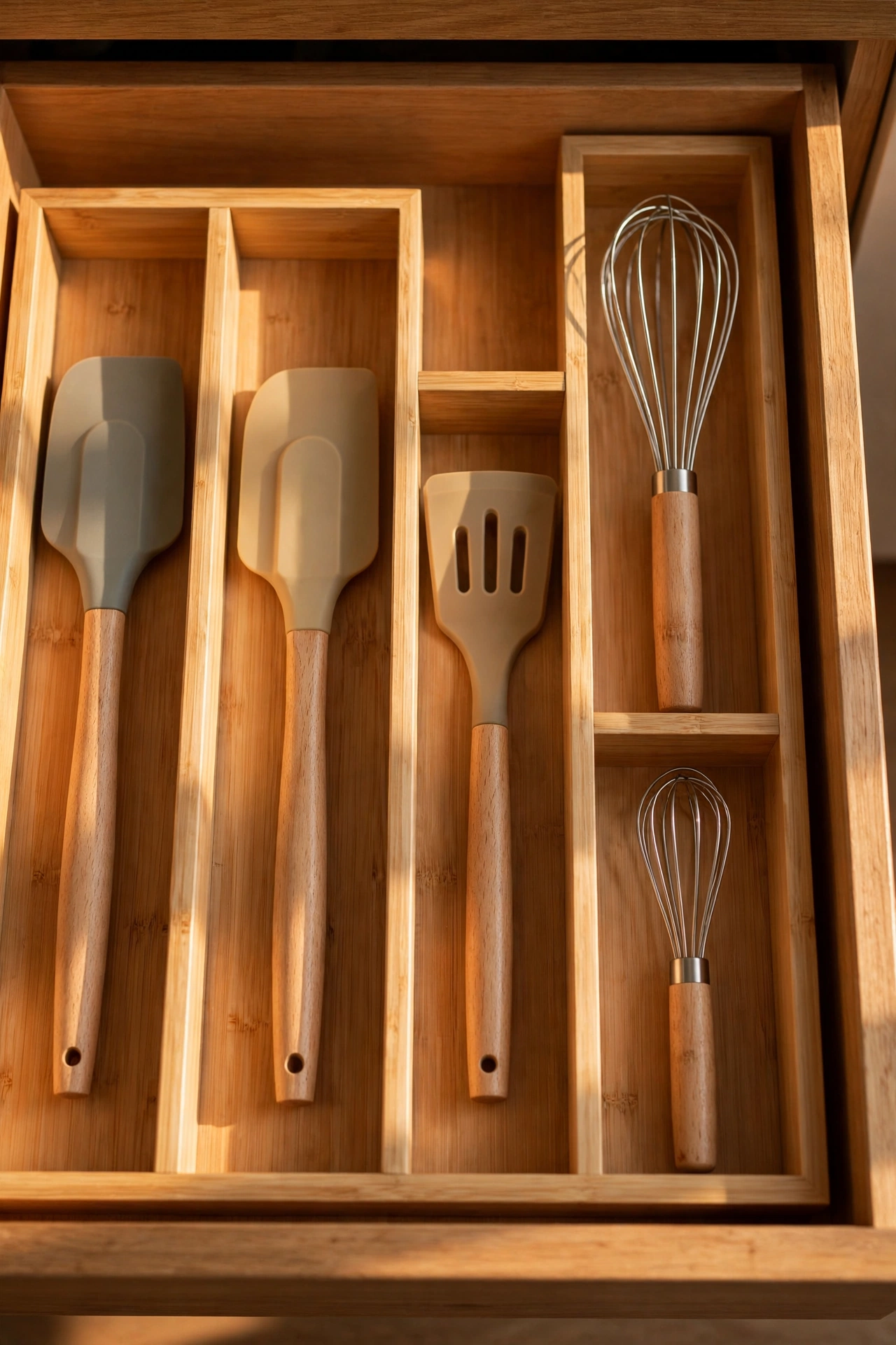 Bamboo drawer dividers organising utensils in a kitchen drawer