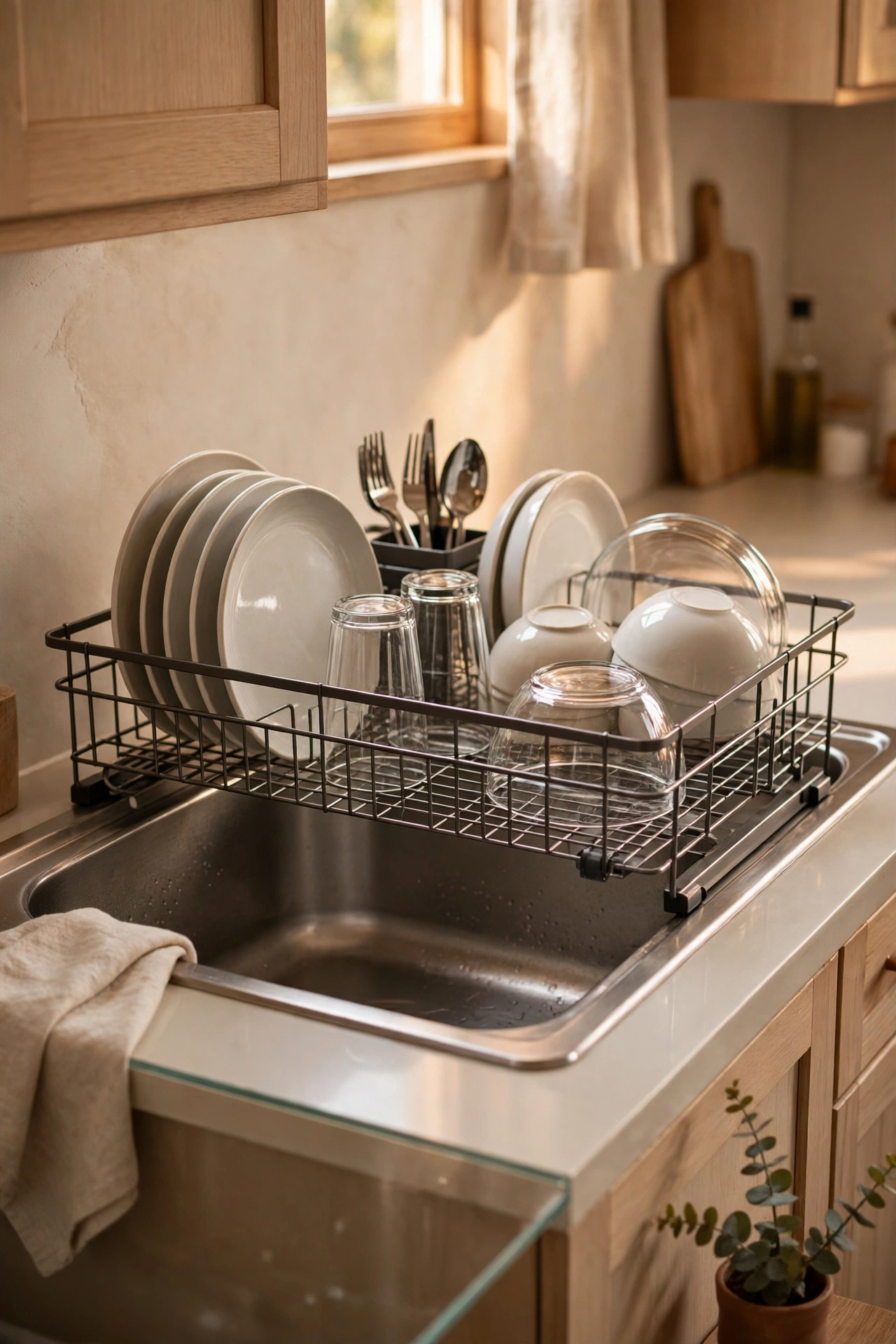 Over-sink dish rack fitted across a kitchen sink with clean dishes