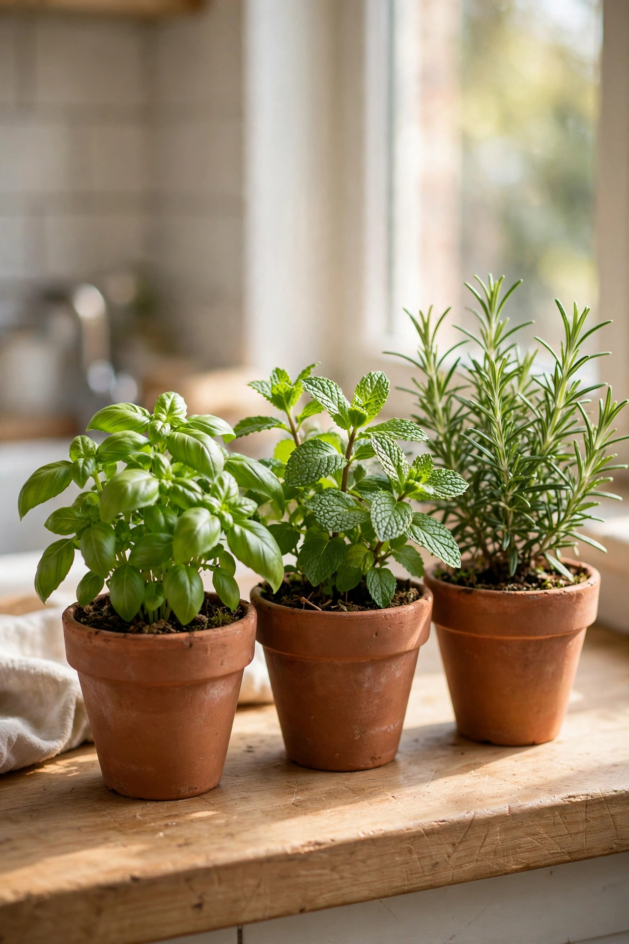 Trio of small herb pots with basil, mint and rosemary on a windowsill