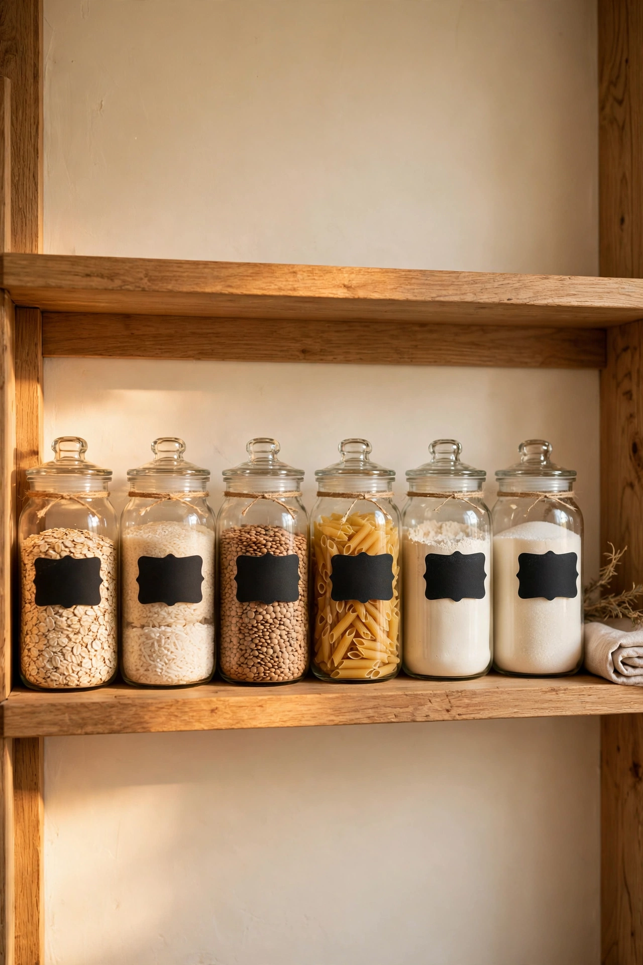 Pantry jars with neat chalkboard labels at uniform height