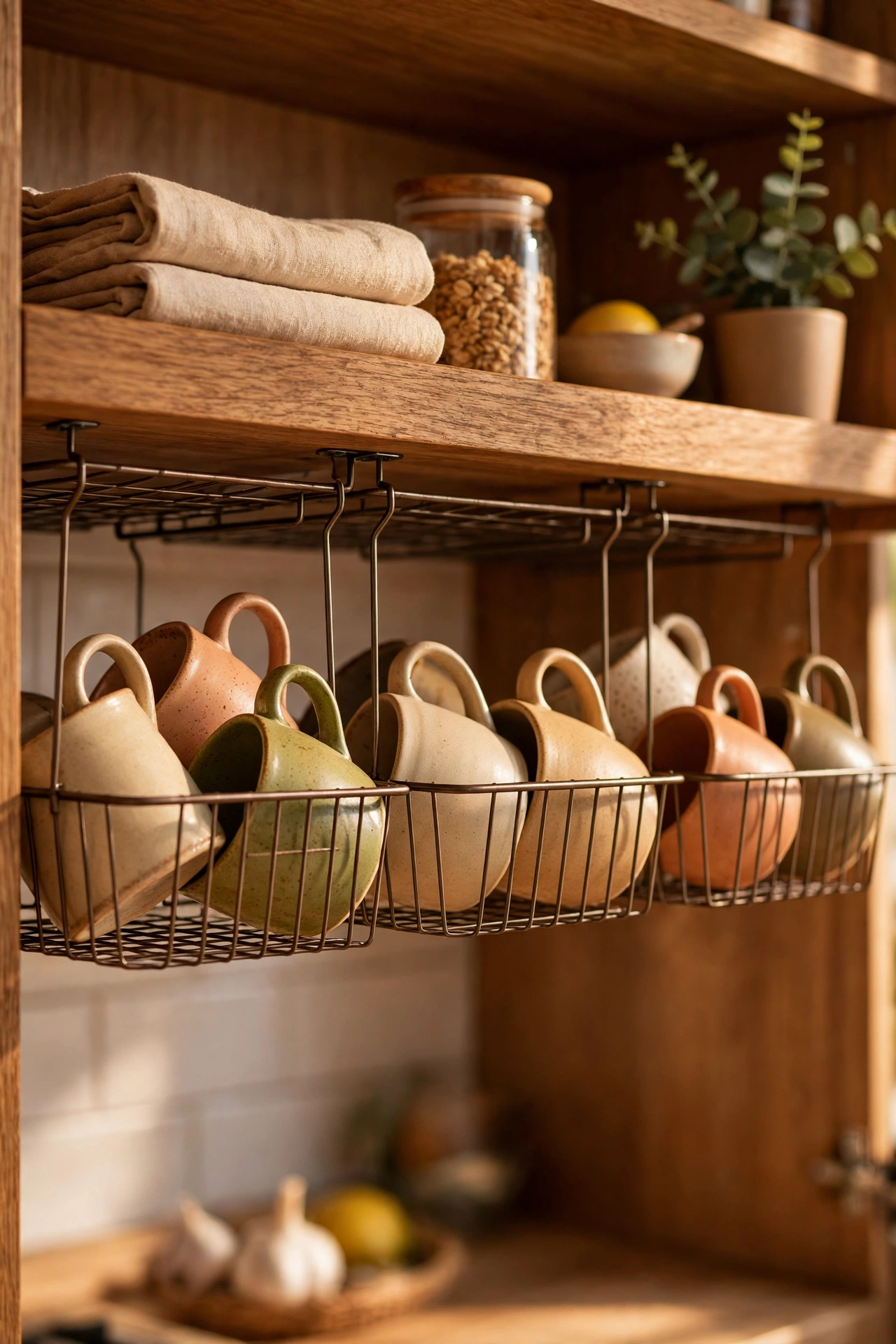 Wire under-shelf baskets hooked onto a cupboard shelf holding mugs