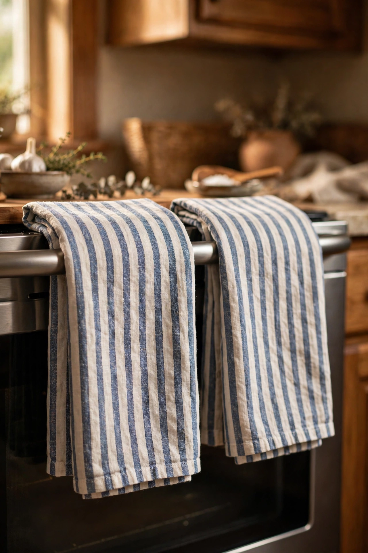 Matching striped linen tea towels folded on an oven handle
