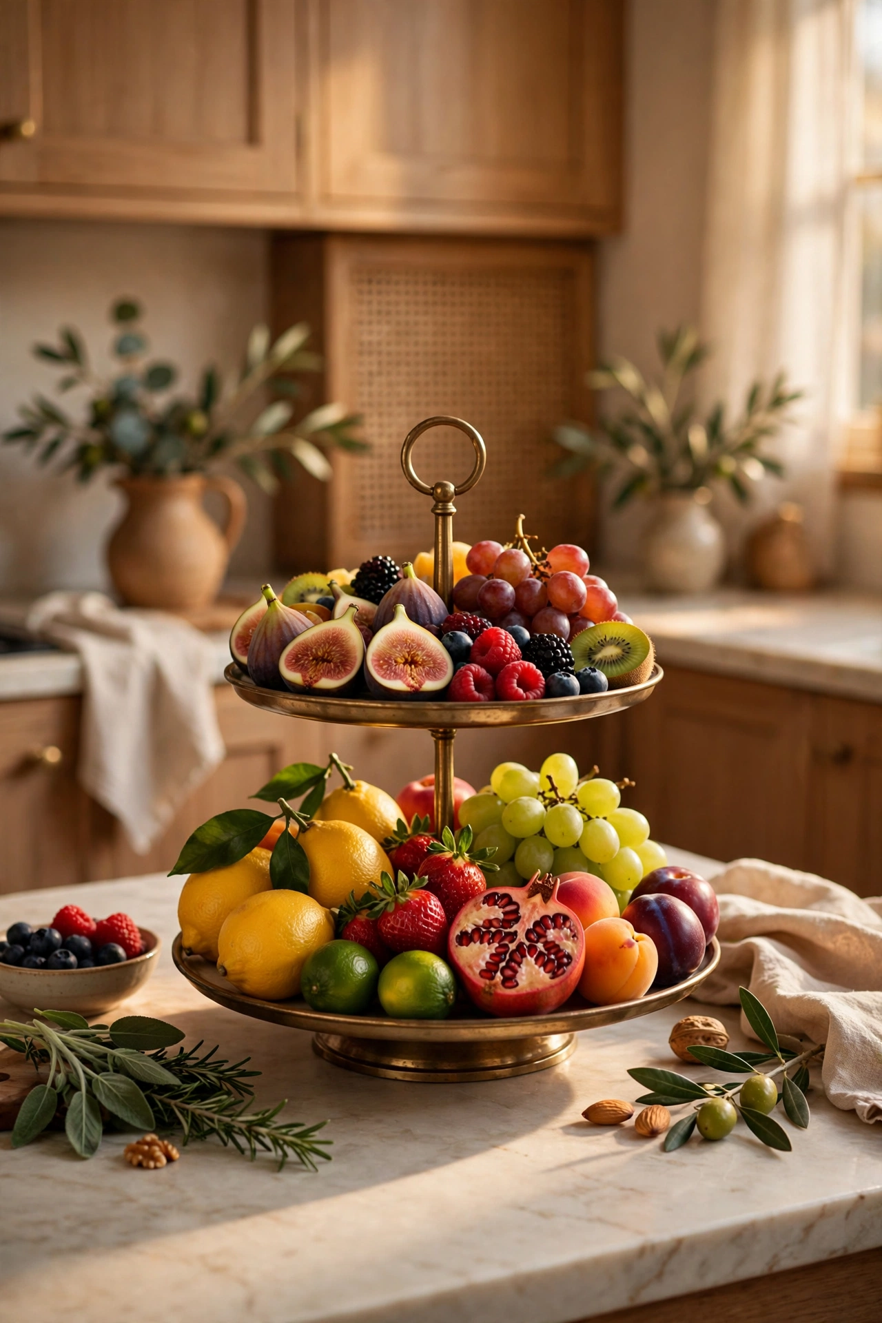 Two-tiered stand with fresh fruit as a kitchen centrepiece