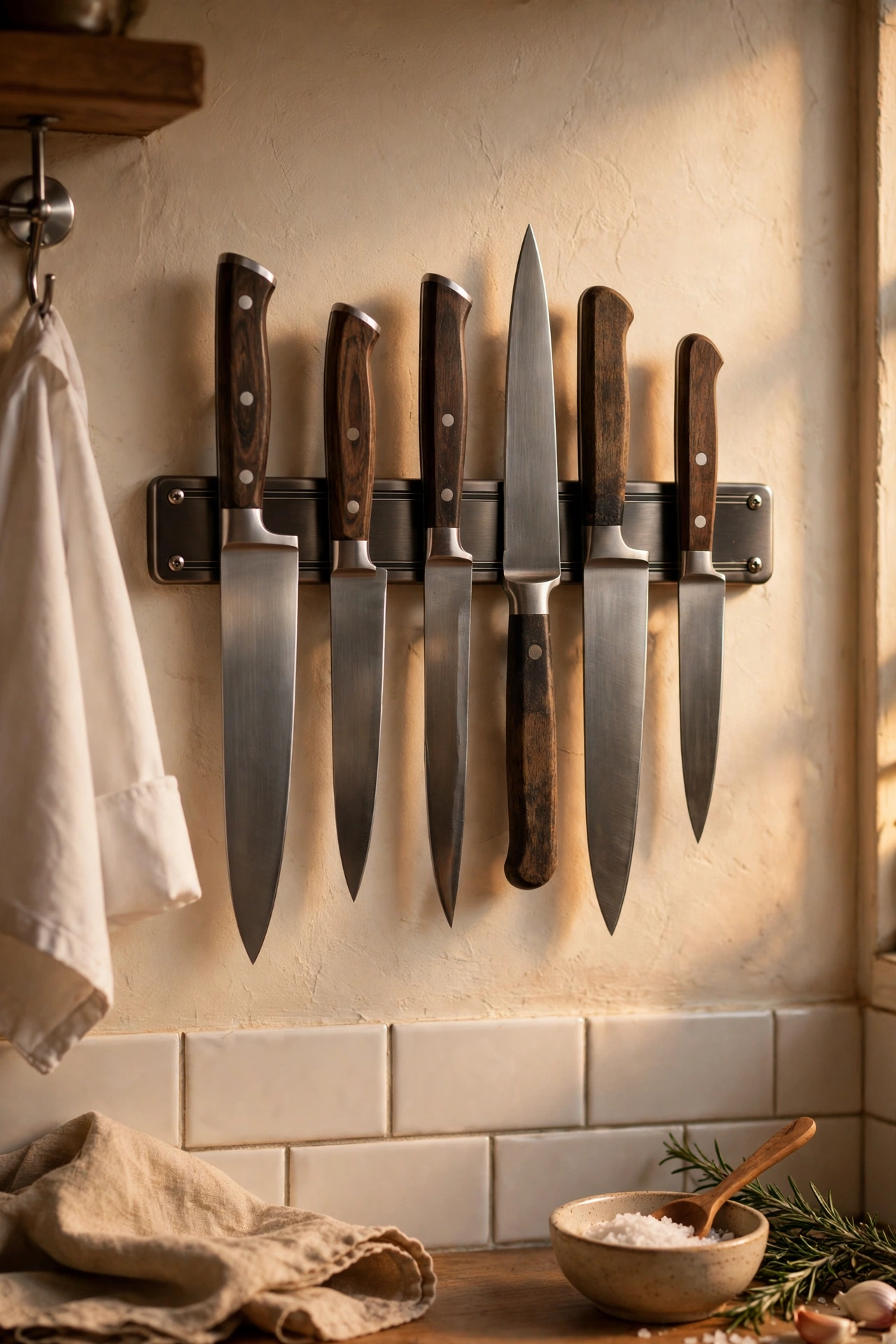 Magnetic knife strip on a kitchen wall holding knives spine-first
