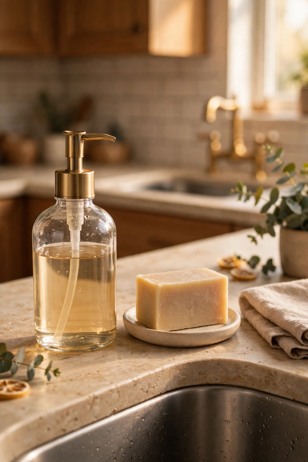 Glass pump soap dispenser by a kitchen sink with label removed