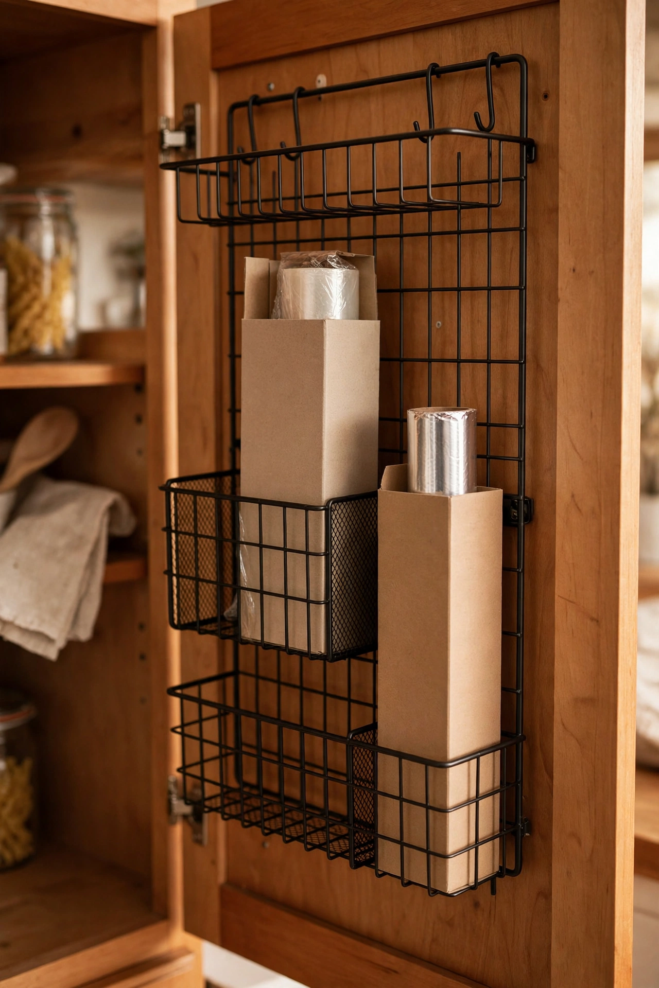 Wire organiser hooked inside a cupboard door holding cling film and foil