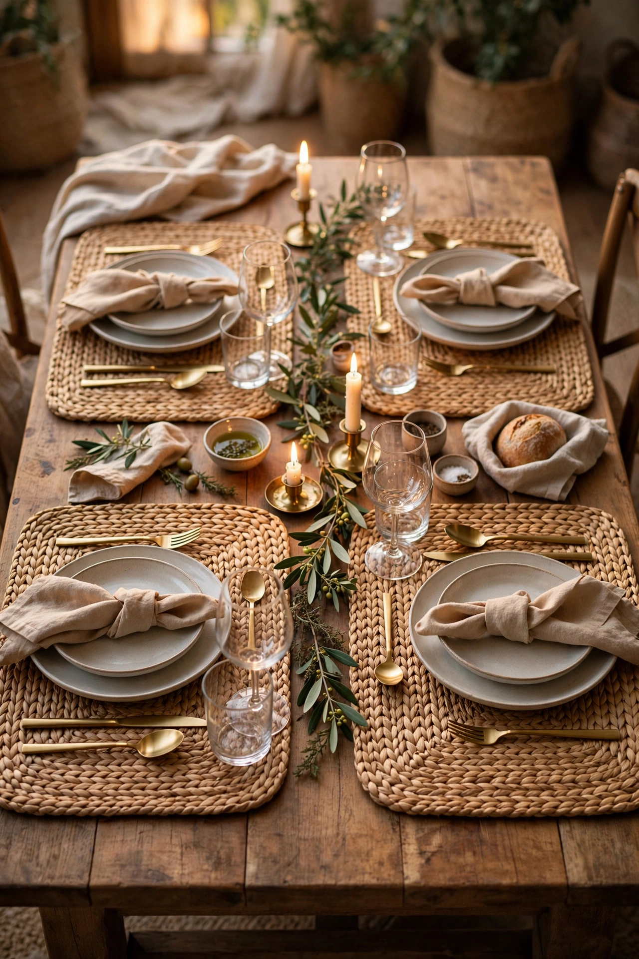Set of six matching woven placemats on a dining table