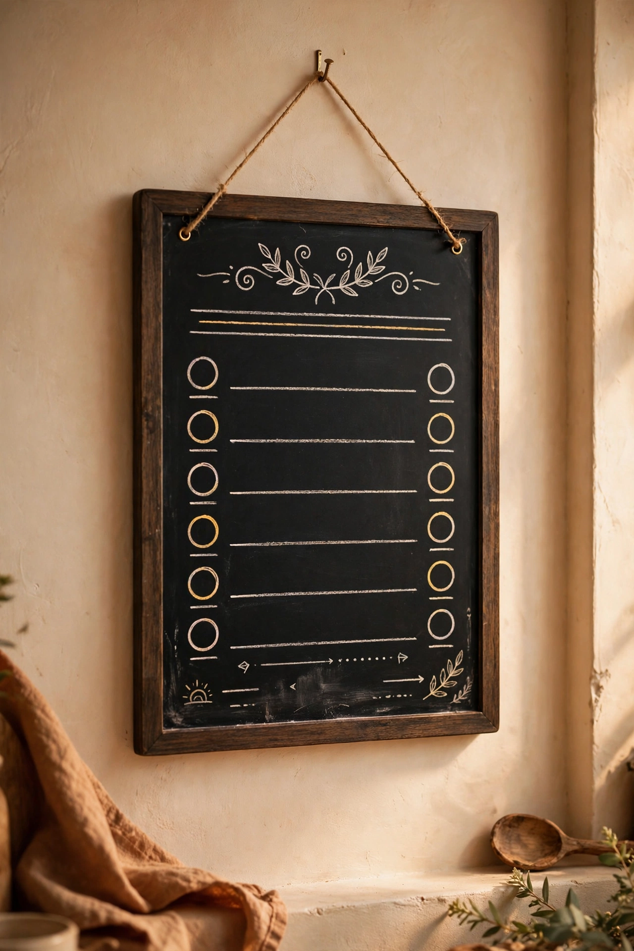 Small chalkboard weekly menu board on a kitchen wall