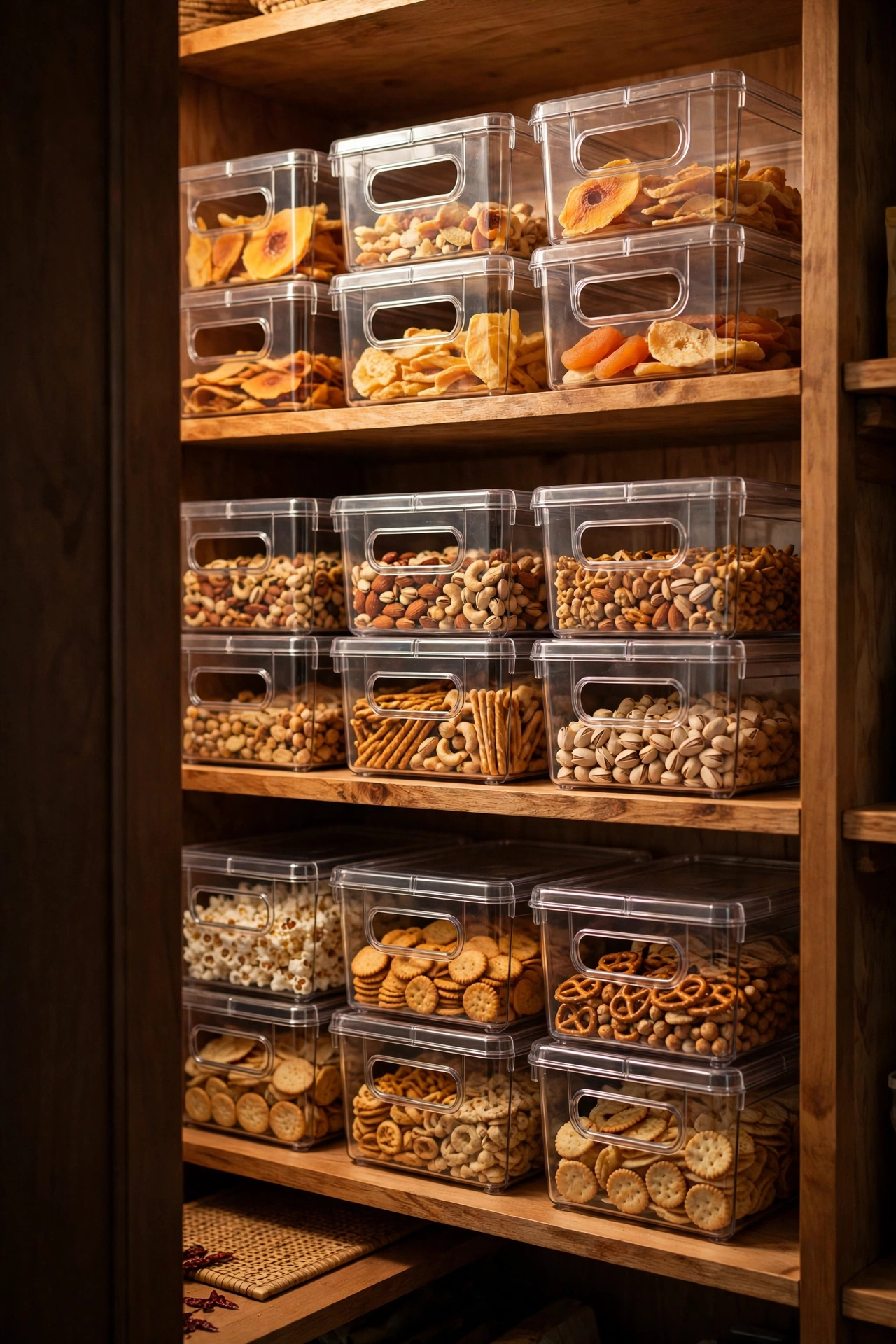 Clear stackable pantry bins with handles on a deep shelf