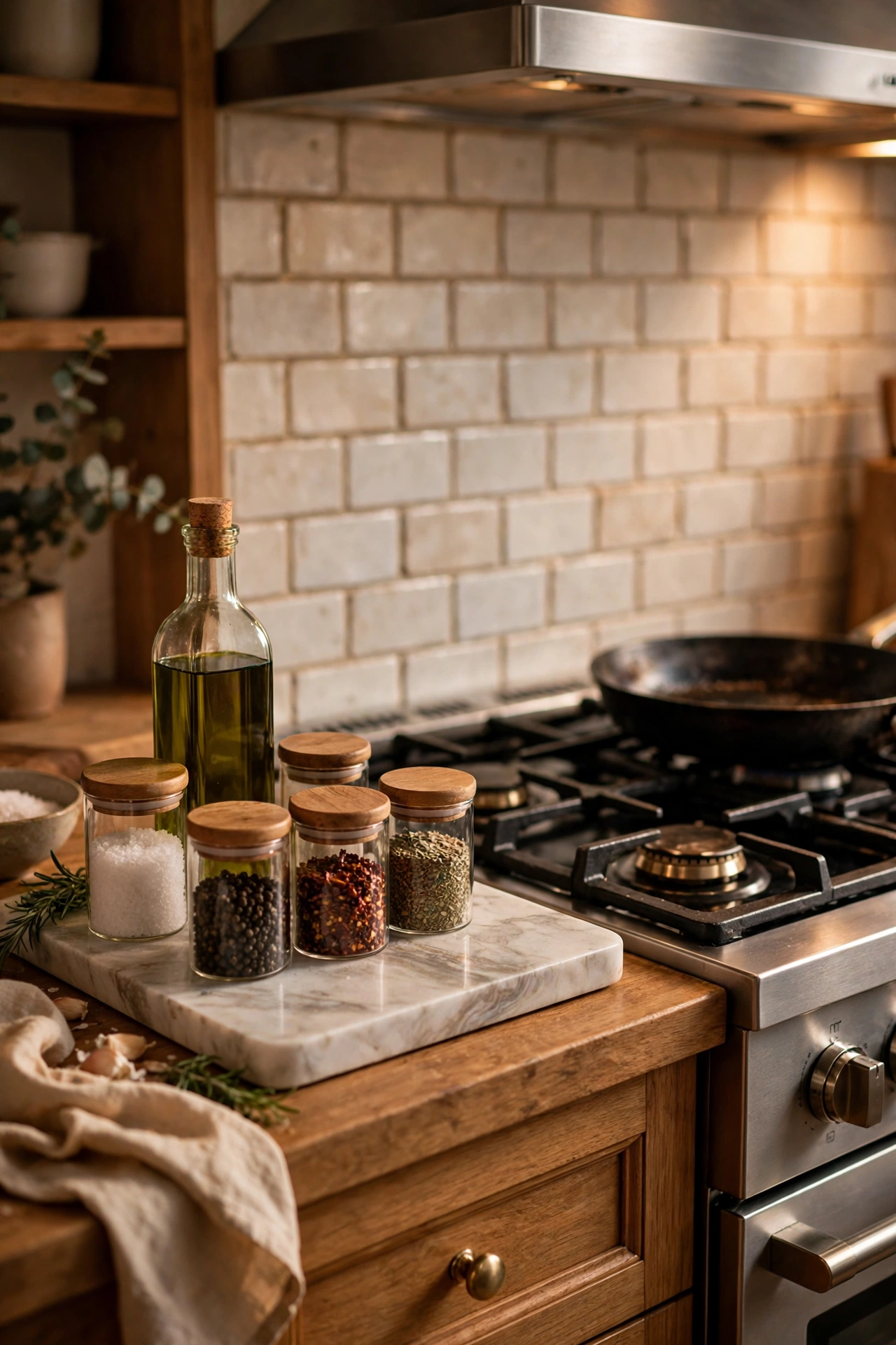 Faux marble tray holding oils and seasoning by a cooker