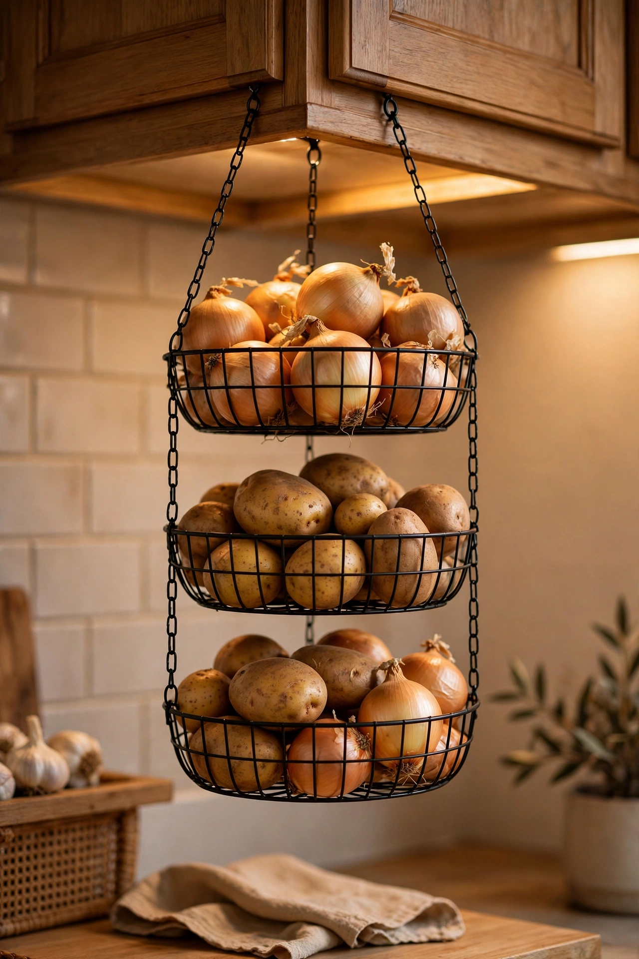 Three-tier hanging basket with onions and potatoes under a cabinet