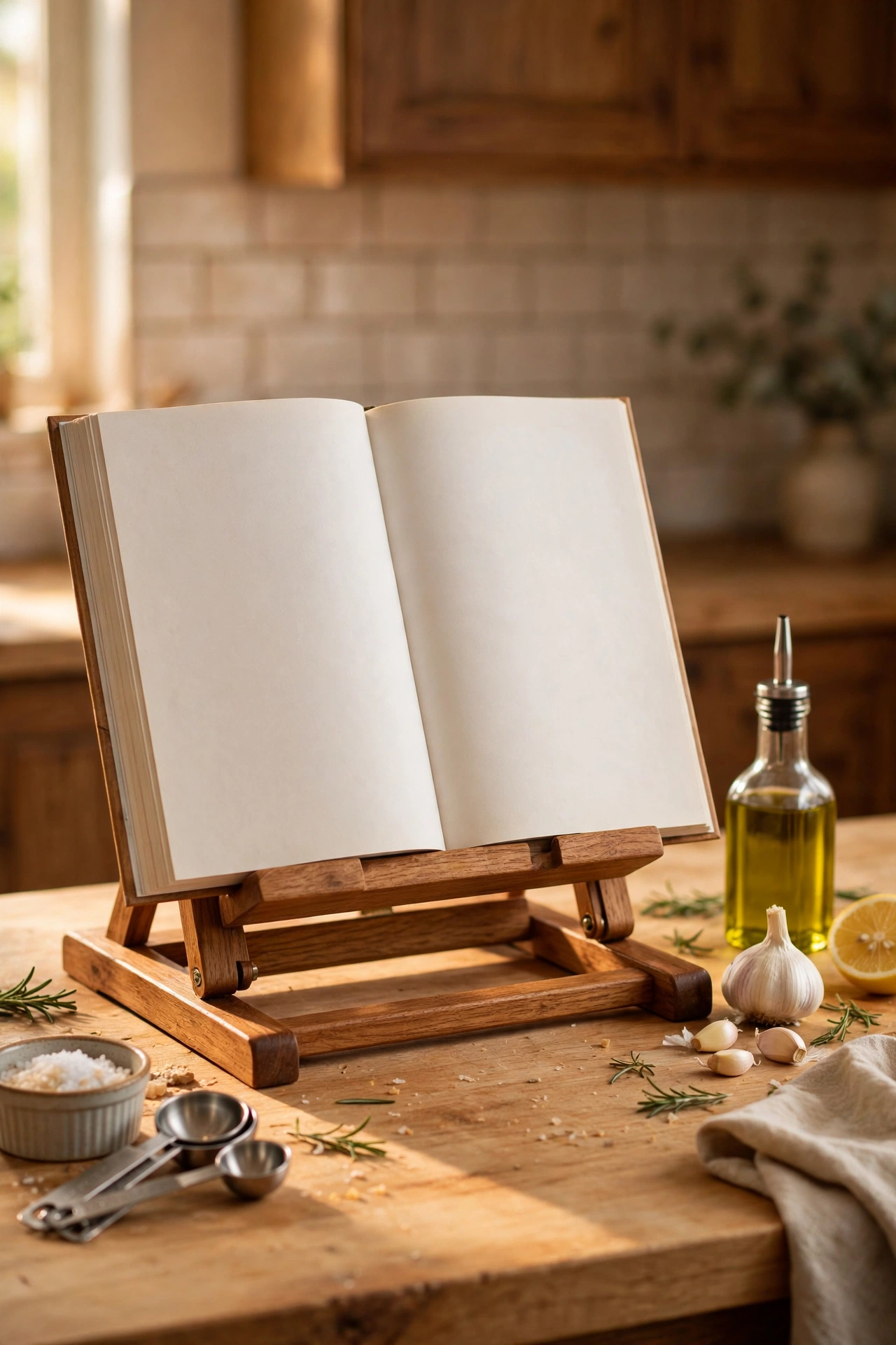 Wooden recipe book stand holding a cookbook on a worktop