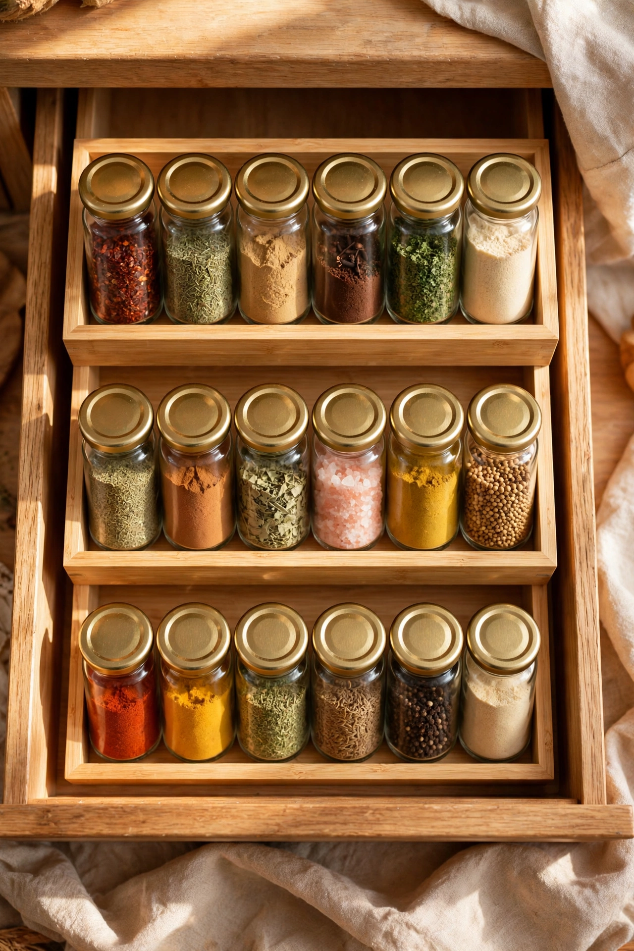 Tiered drawer insert with uniform spice jars label-up in a drawer