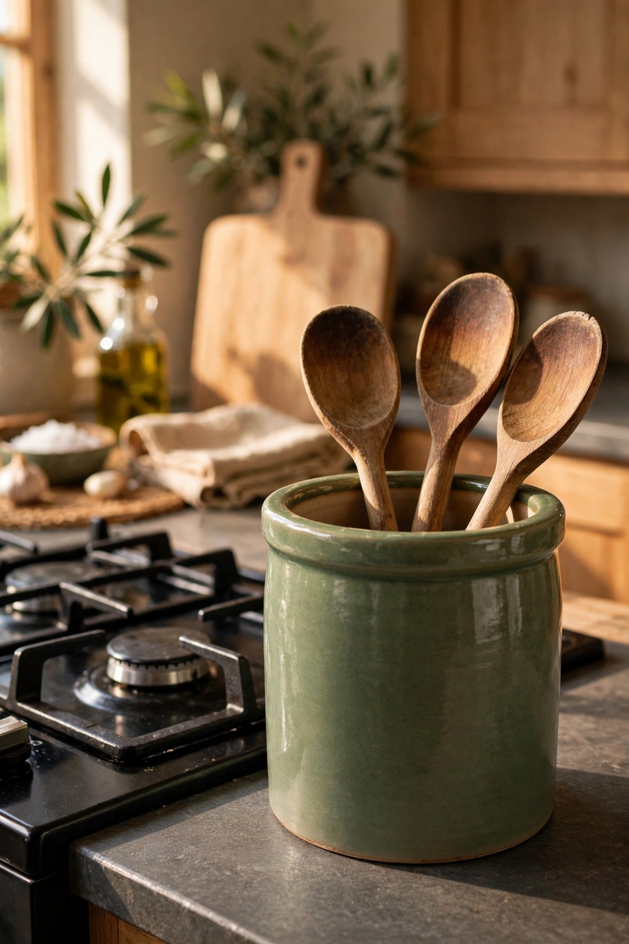 Weighty ceramic utensil crock by a hob holding wooden spoons