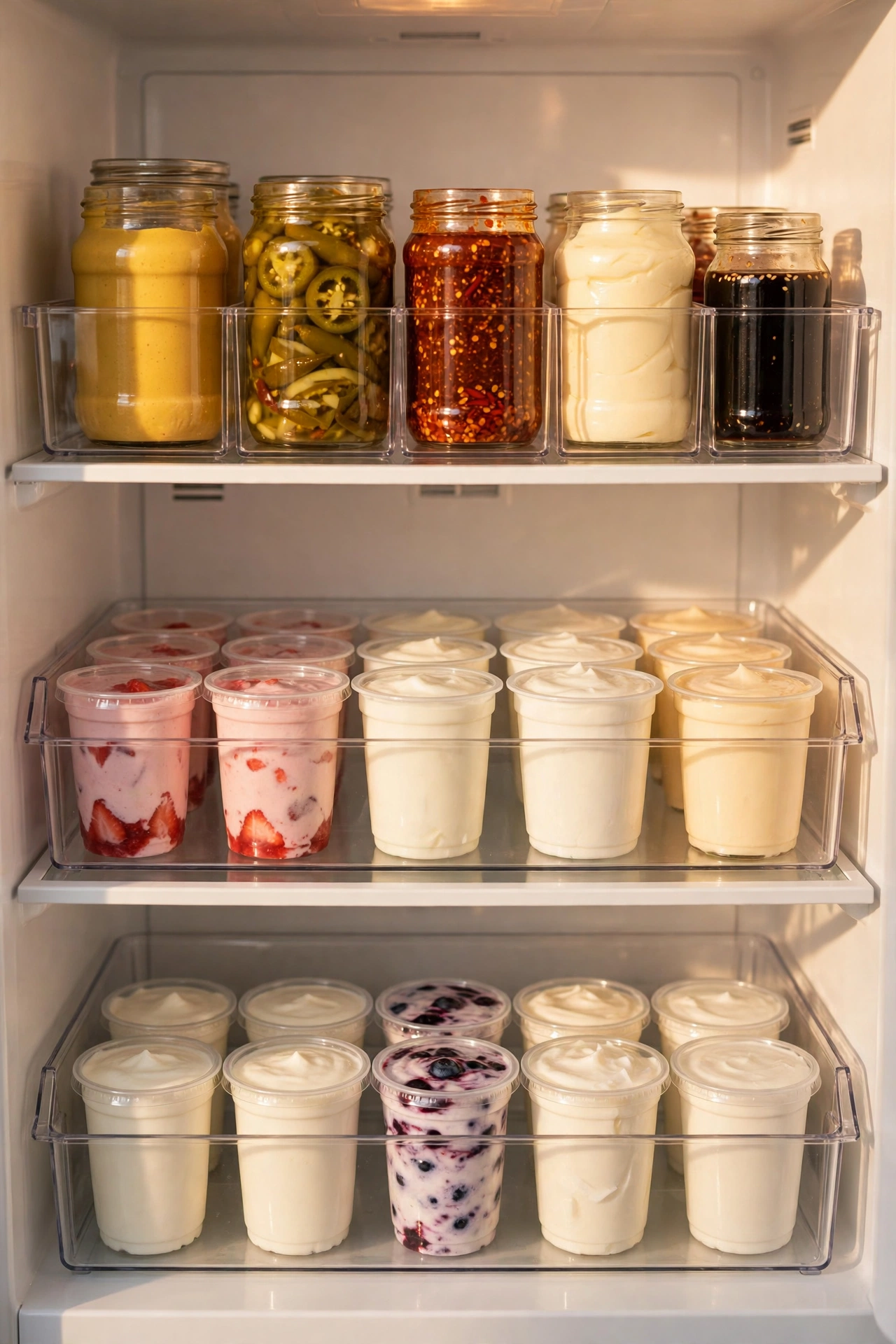 Clear bins organising condiments inside a fridge