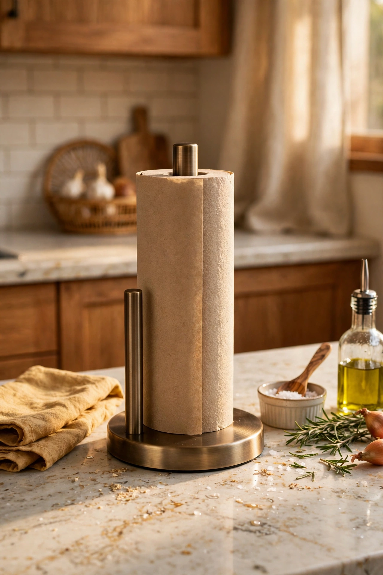 Weighted metal paper towel holder on a kitchen counter