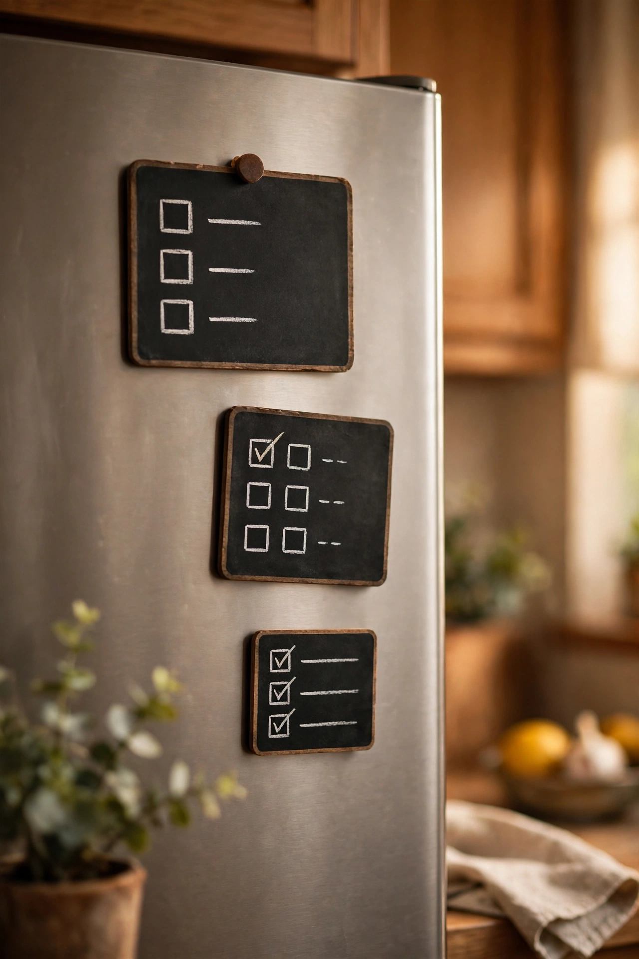 Tiny chalkboard magnets with shopping lists on a fridge door