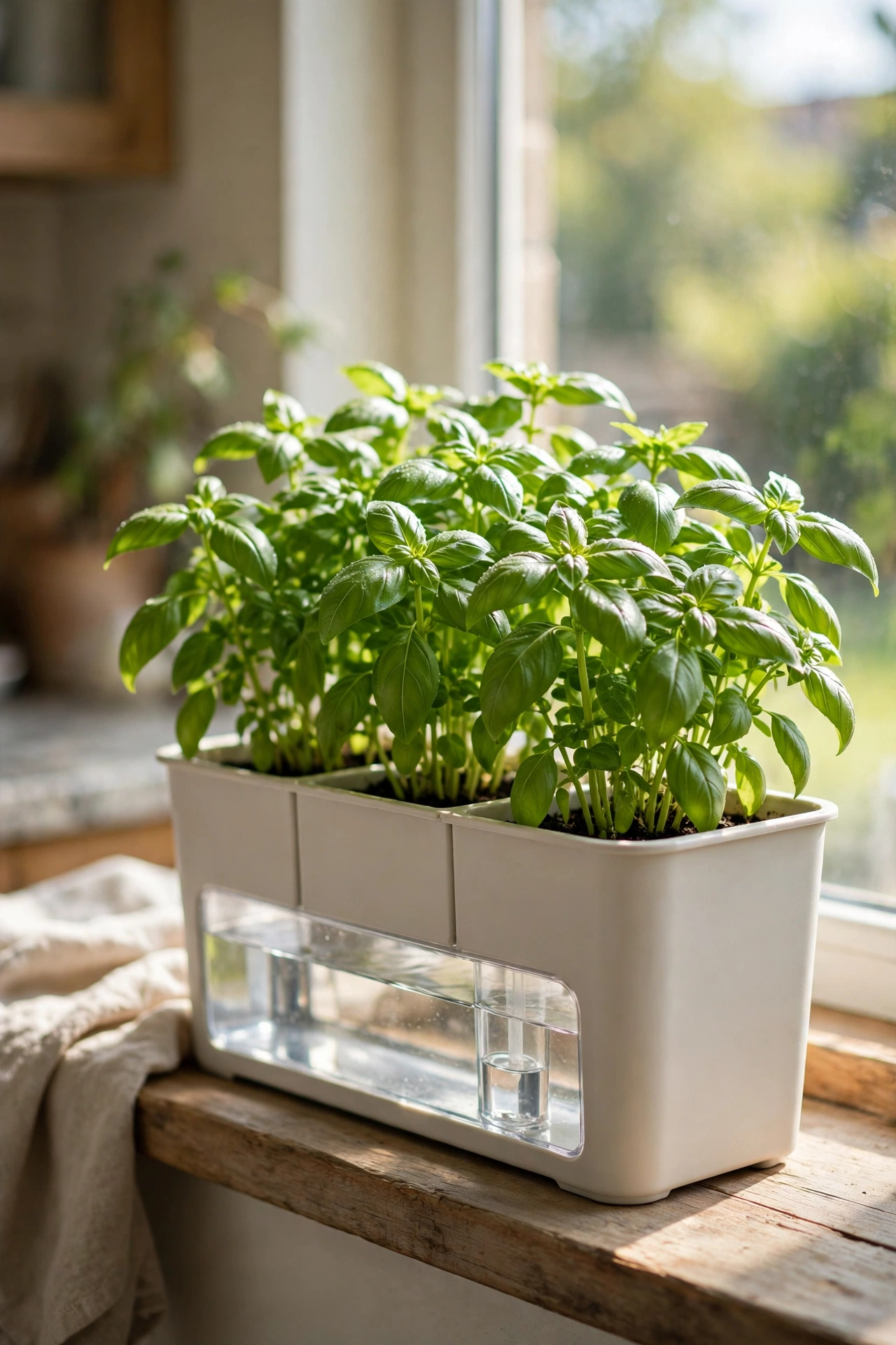 Self-watering herb garden kit thriving on a sunny windowsill
