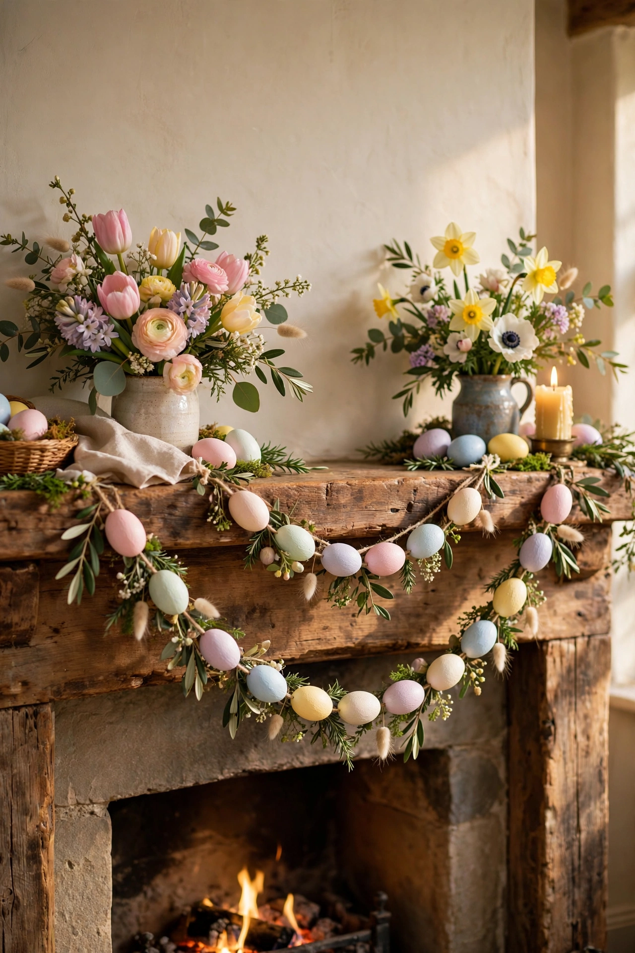 Pastel egg garland draped with a gentle swag across a mantel
