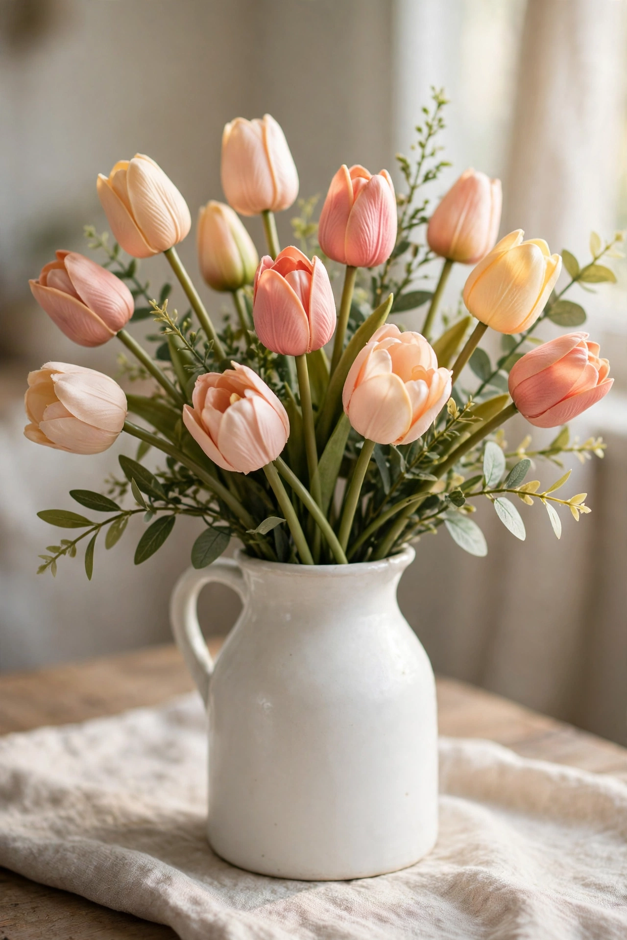 Faux tulip bouquet at varied heights in a white jug