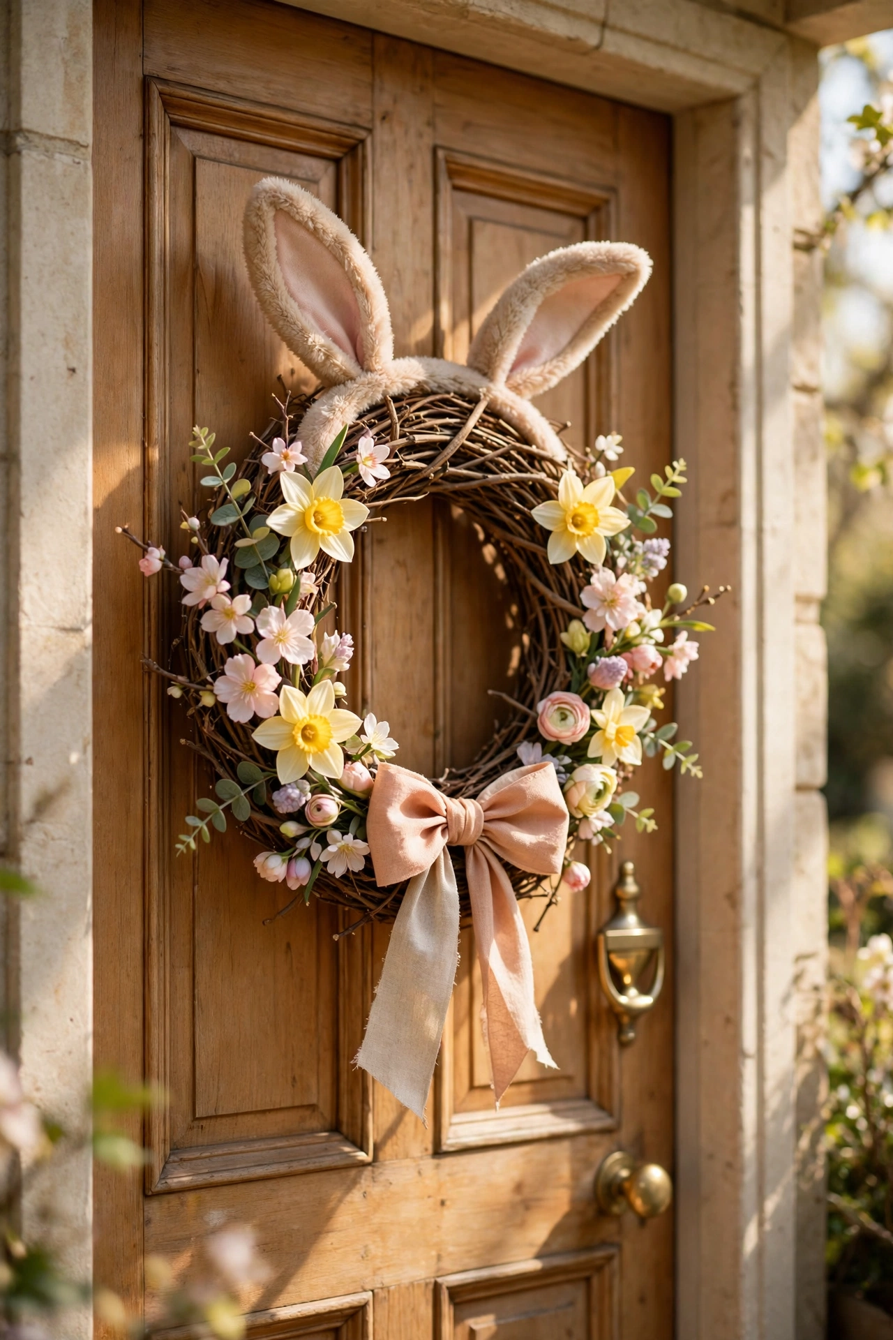 Twig wreath with bunny ears and faux flowers on a front door