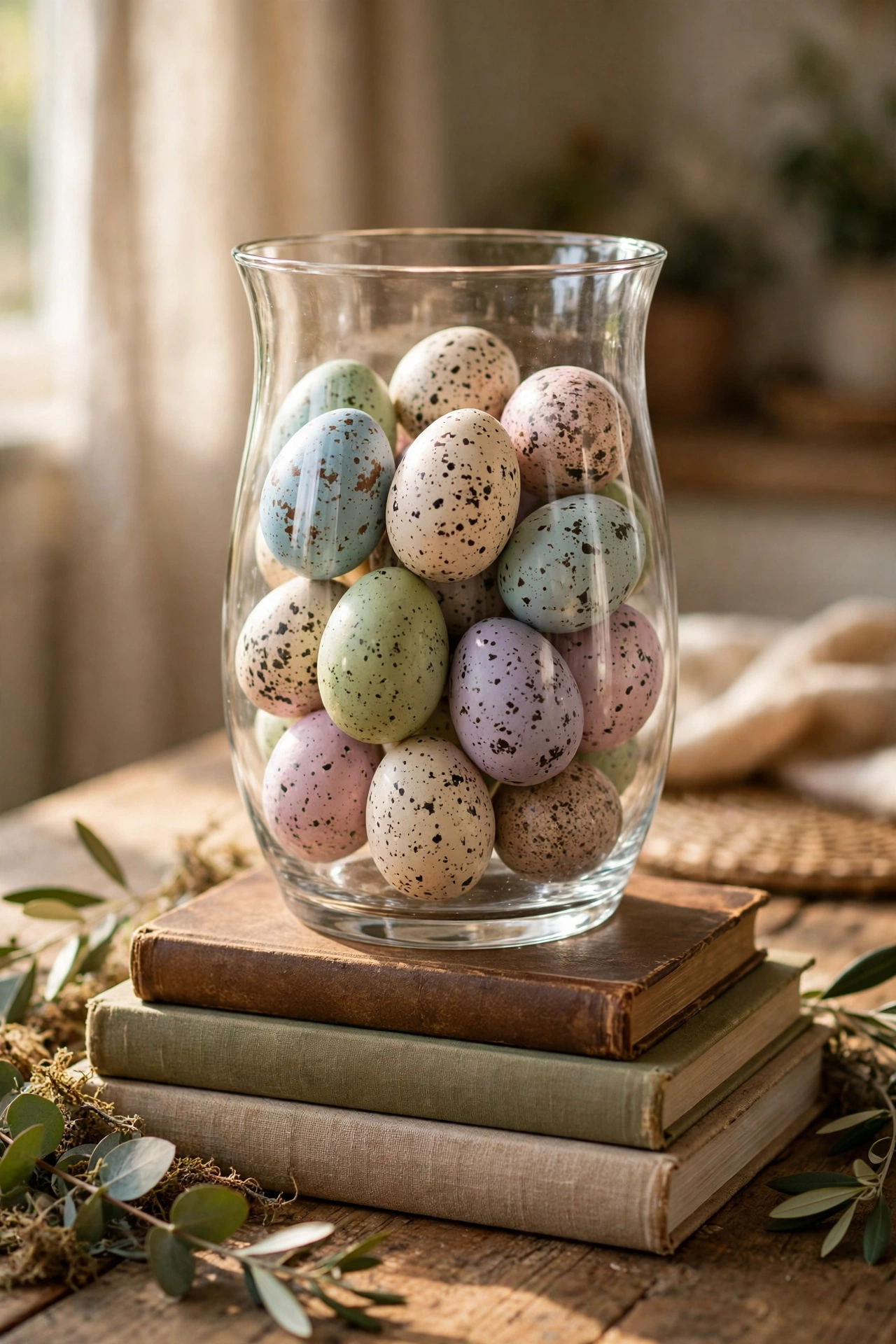 Glass hurricane vase filled with speckled faux Easter eggs