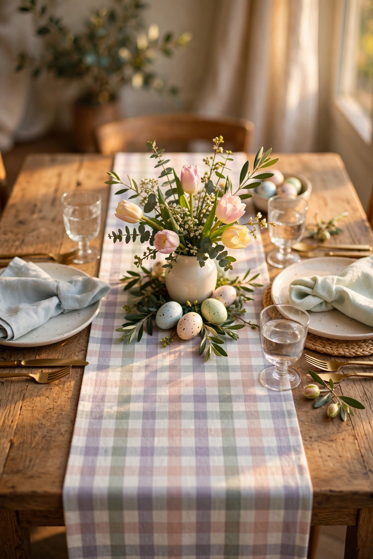 Pastel gingham table runner centred on an Easter lunch table