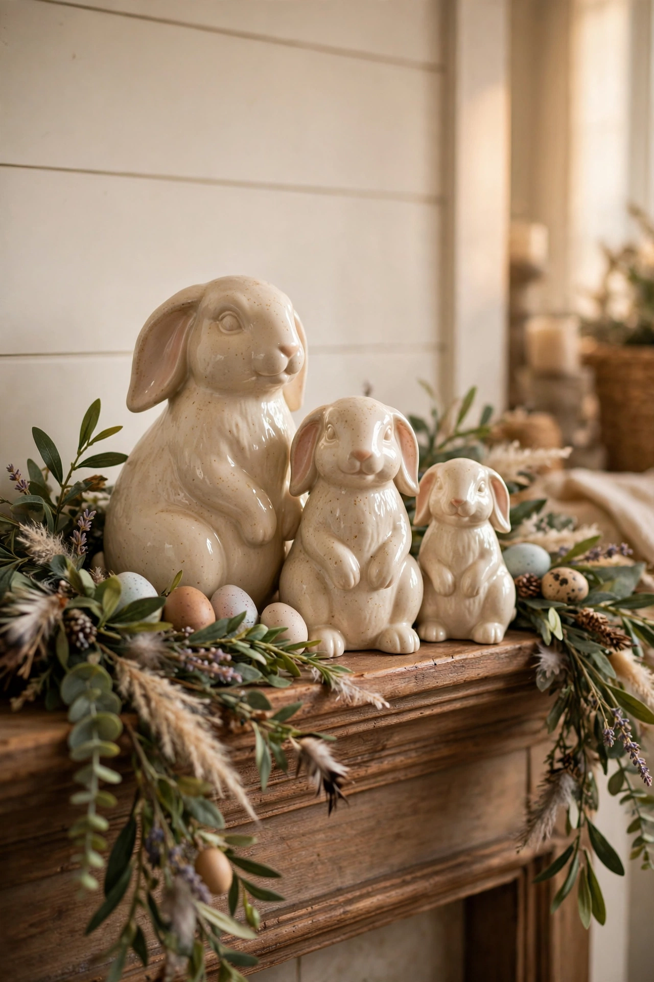 Trio of ceramic bunny figurines in graduating sizes on a mantel