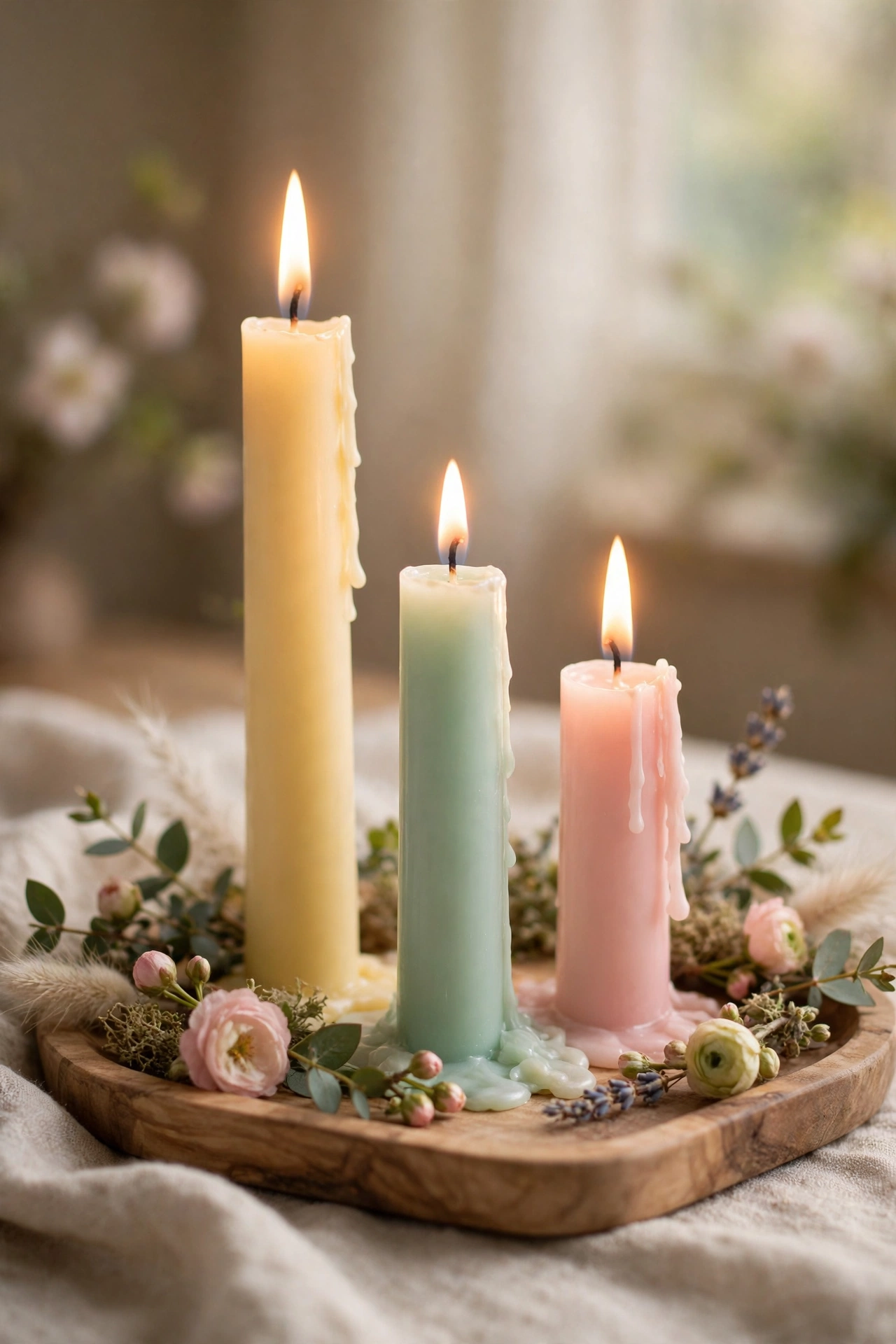 Pastel taper candles in blush and mint on a tray