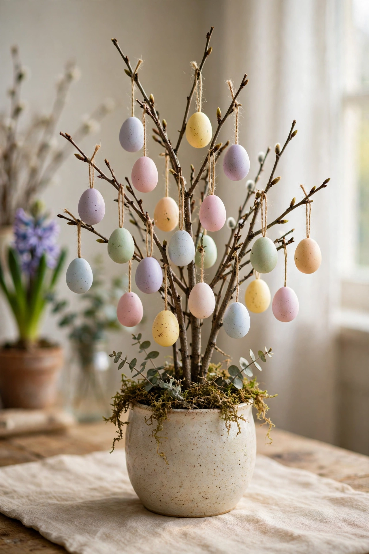 Easter egg tree with pastel eggs hung on twig branches in a vase