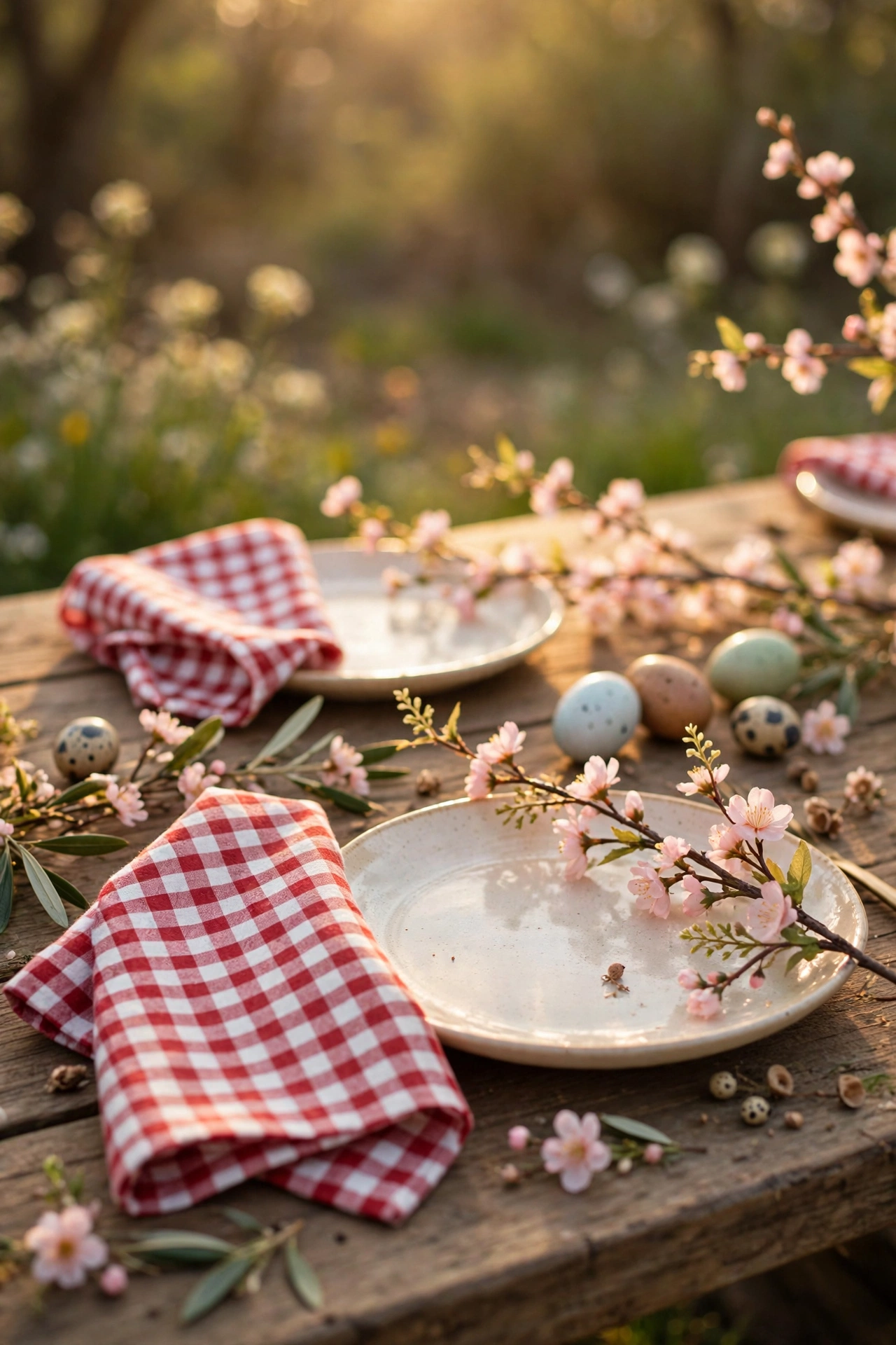 Gingham napkins folded simply with faux blossom sprigs at place settings