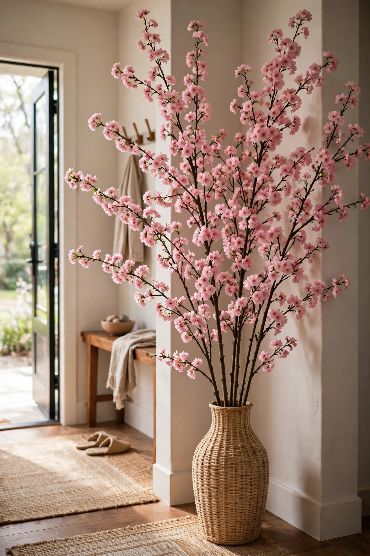 Tall faux cherry blossom branches in a floor vase in an entryway