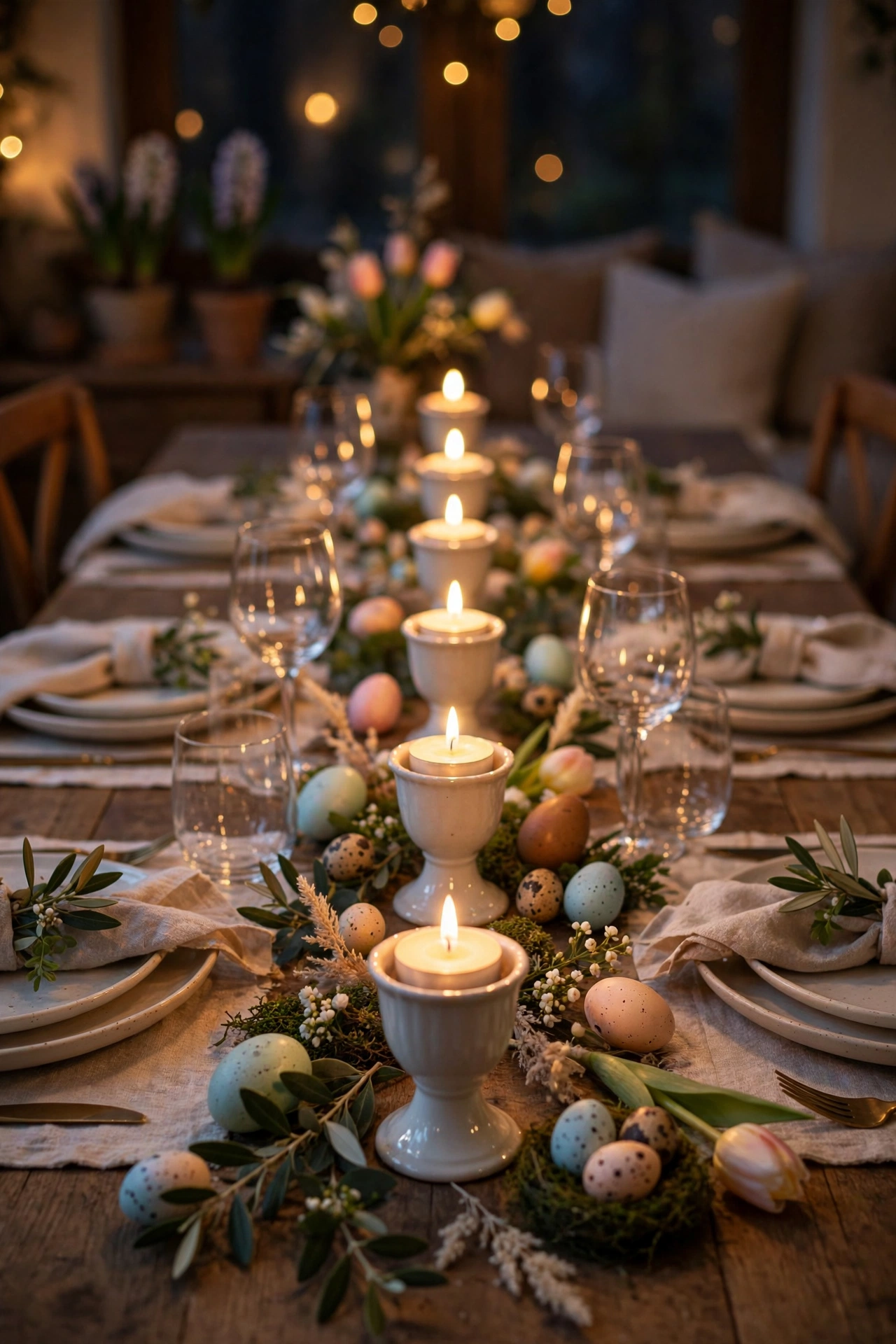 Egg-cup candle holders with tea lights down a dinner table