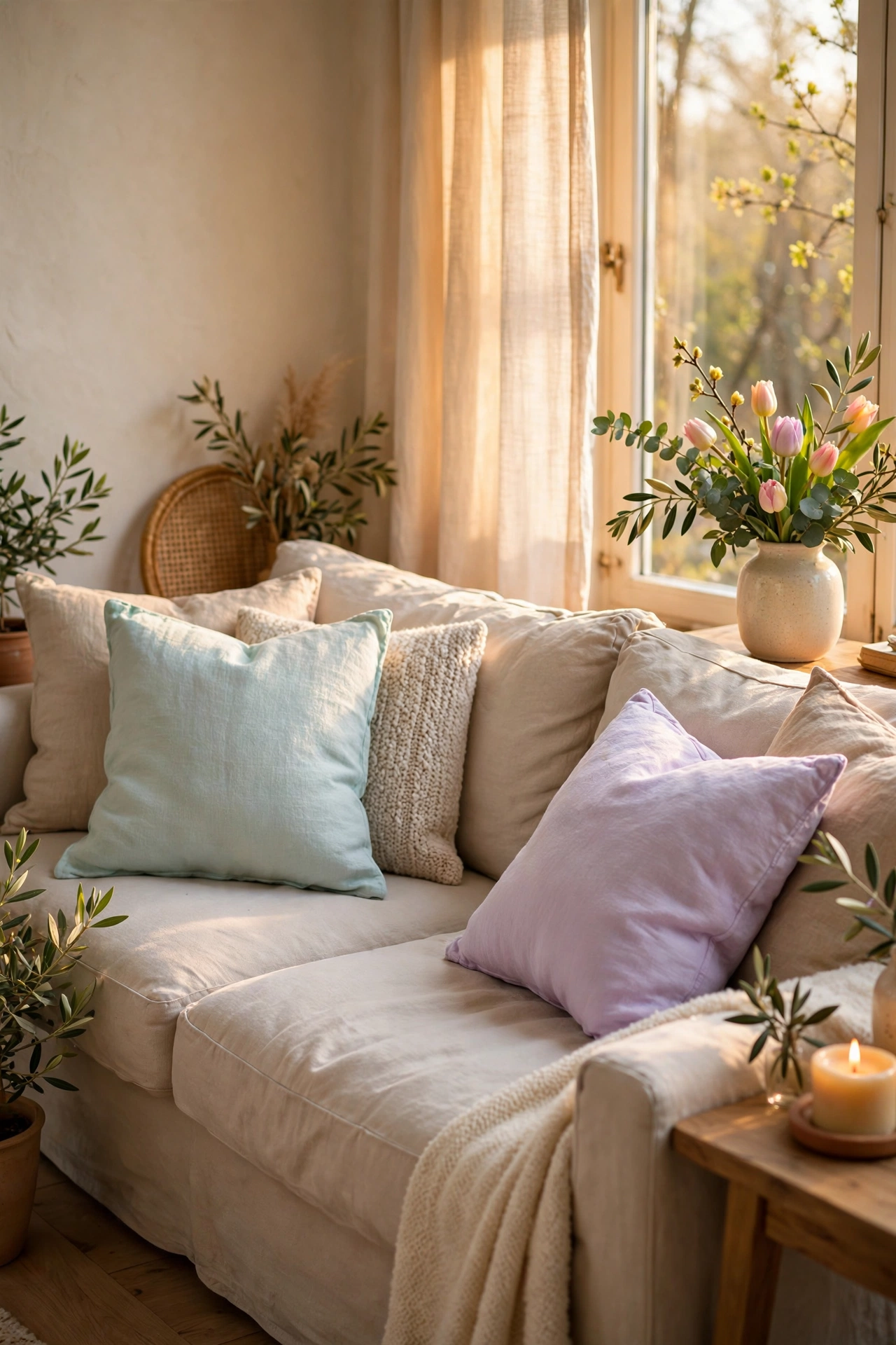 Living room sofa with two pastel cushion covers among neutrals