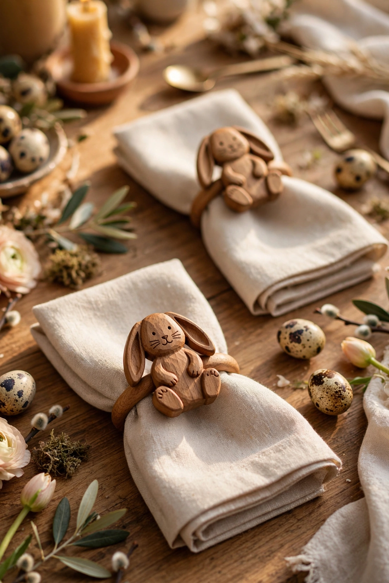 Wooden bunny napkin rings on plain folded napkins